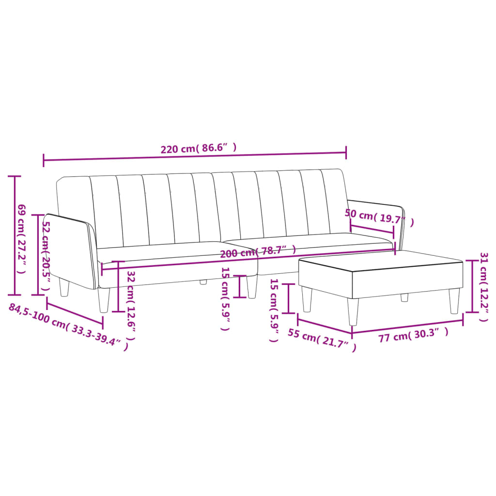 Sofá Cama De 2 Plazas Con Taburete Terciopelo Gris Oscuro / Vetonek_2