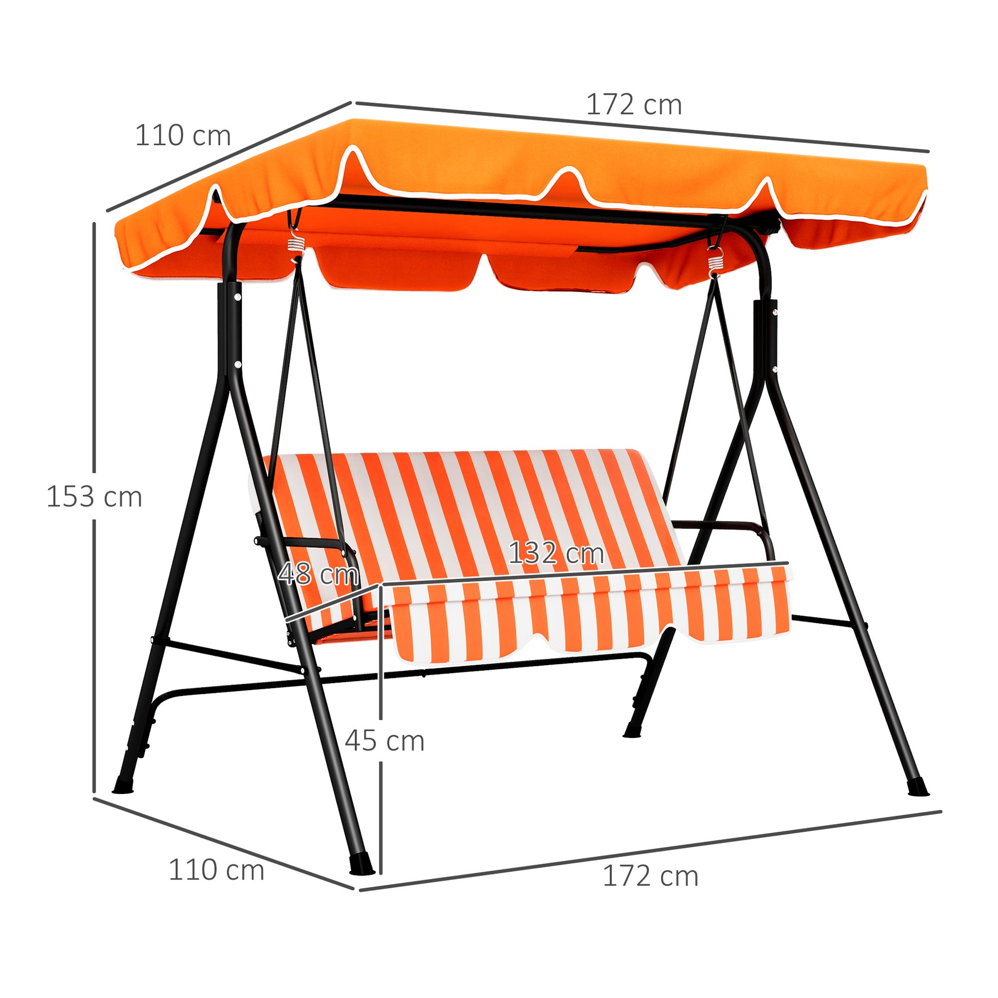 Outsunny Columpio De Jardín De 3 Plazas Techo Ajustable 172x110x153 Cm Naranja_2