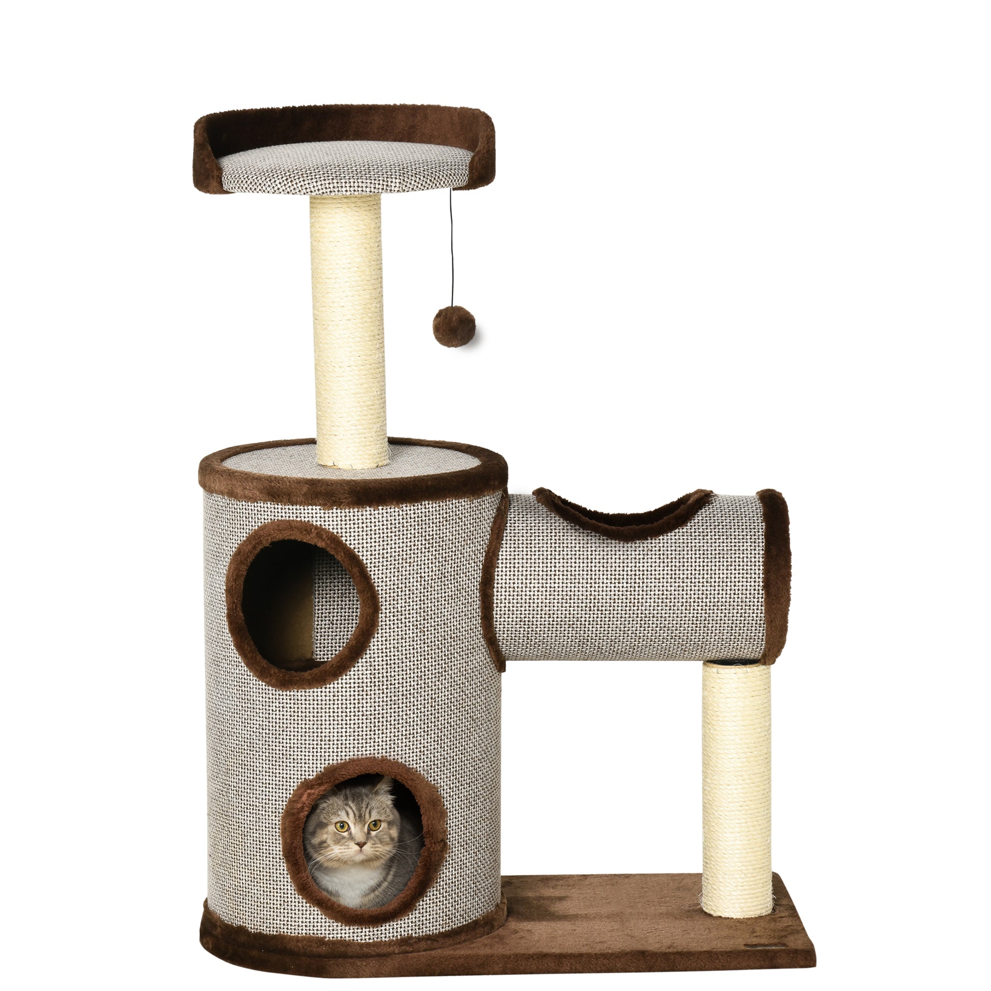 Pawhut Árbol Rascador Para Gatos Mediano 104 Cm Con Barril Cama Y Postes Marrón_0