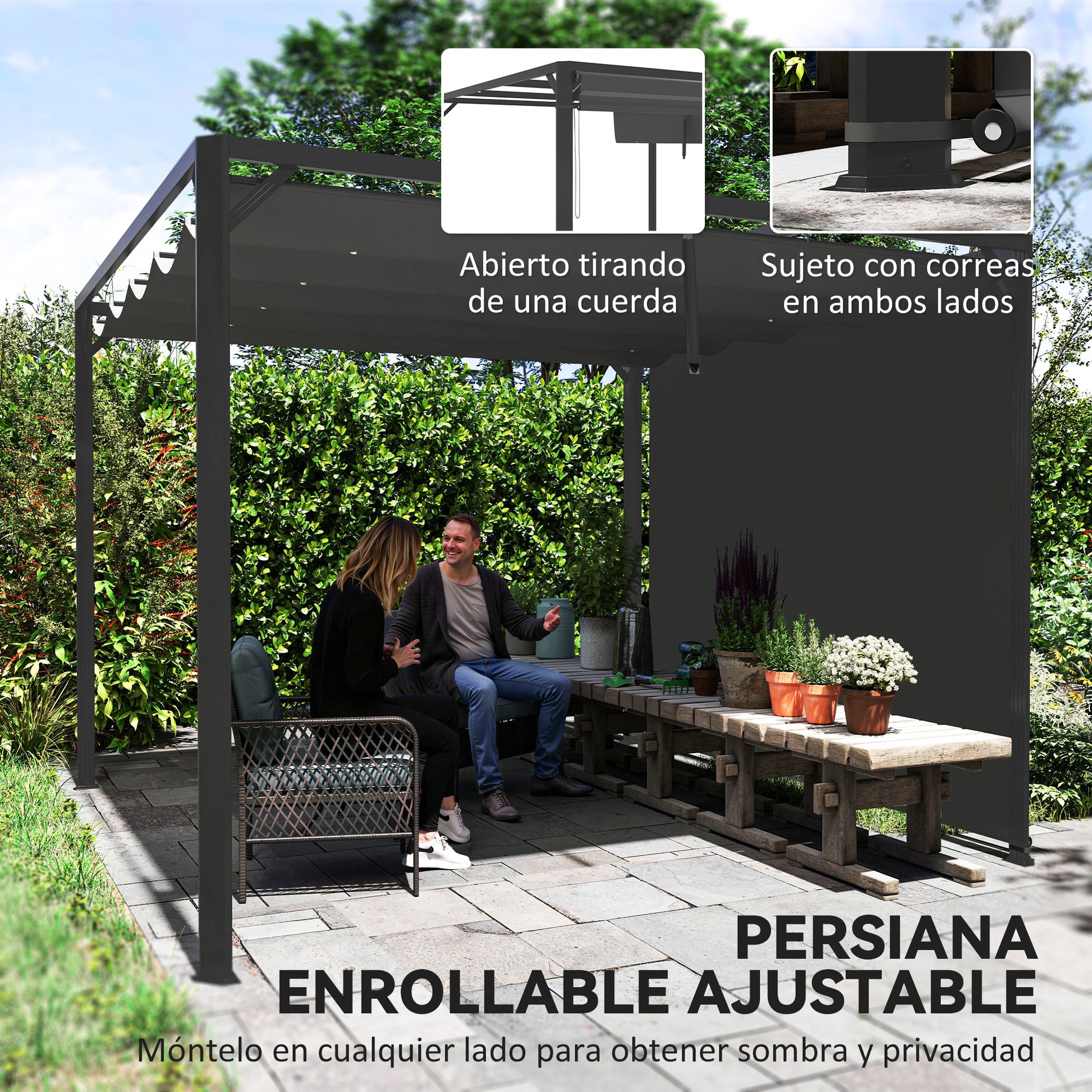 Outsunny Pérgola De Jardín 3x3 M Con Techo Retráctil Y Pared Lateral Enrollable_3