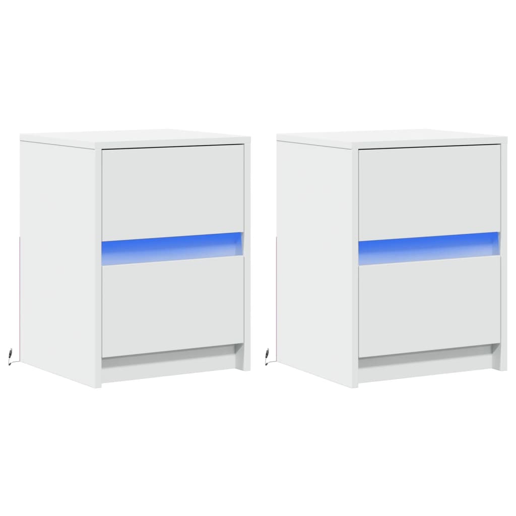 Mesitas De Noche Con Luces Led 2 Uds Madera Ingeniería Blanca_1
