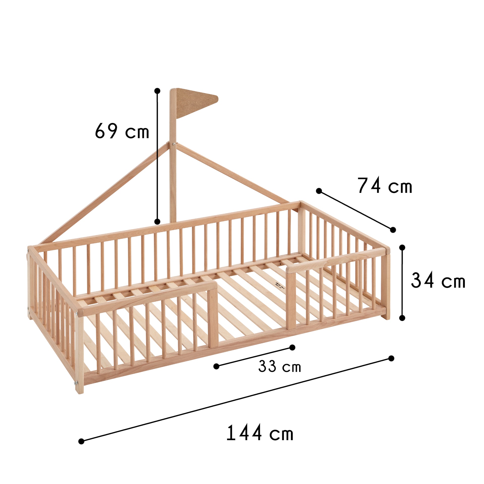 Cama Montessori Apache 140×70 Cm De Madera De Haya Con Colchón Sanitario Ternum, Color Natural_2