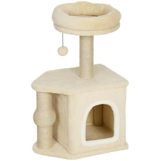 Pawhut Árbol Rascador Para Gatos Altura 66 Cm Con Cama Poste De Yute Beige_0