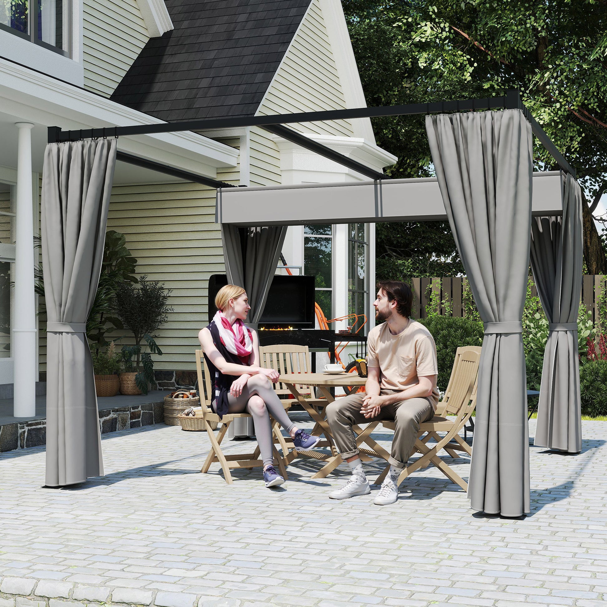 Outsunny Pérgola De Jardín 3x3 M Con Techo Y Paredes Laterales Retráctil Gris_3