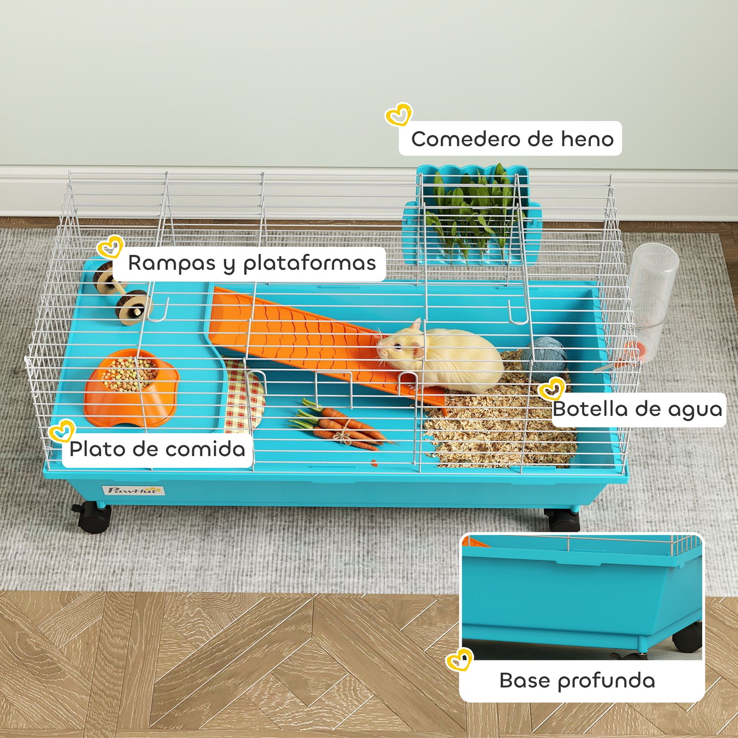 Pawhut Jaula Para Animales Pequeños Con Ruedas Botella De Agua Comedero Azul_5