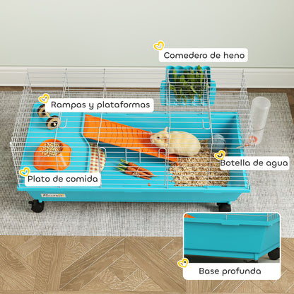 Pawhut Jaula Para Animales Pequeños Con Ruedas Botella De Agua Comedero Azul_5