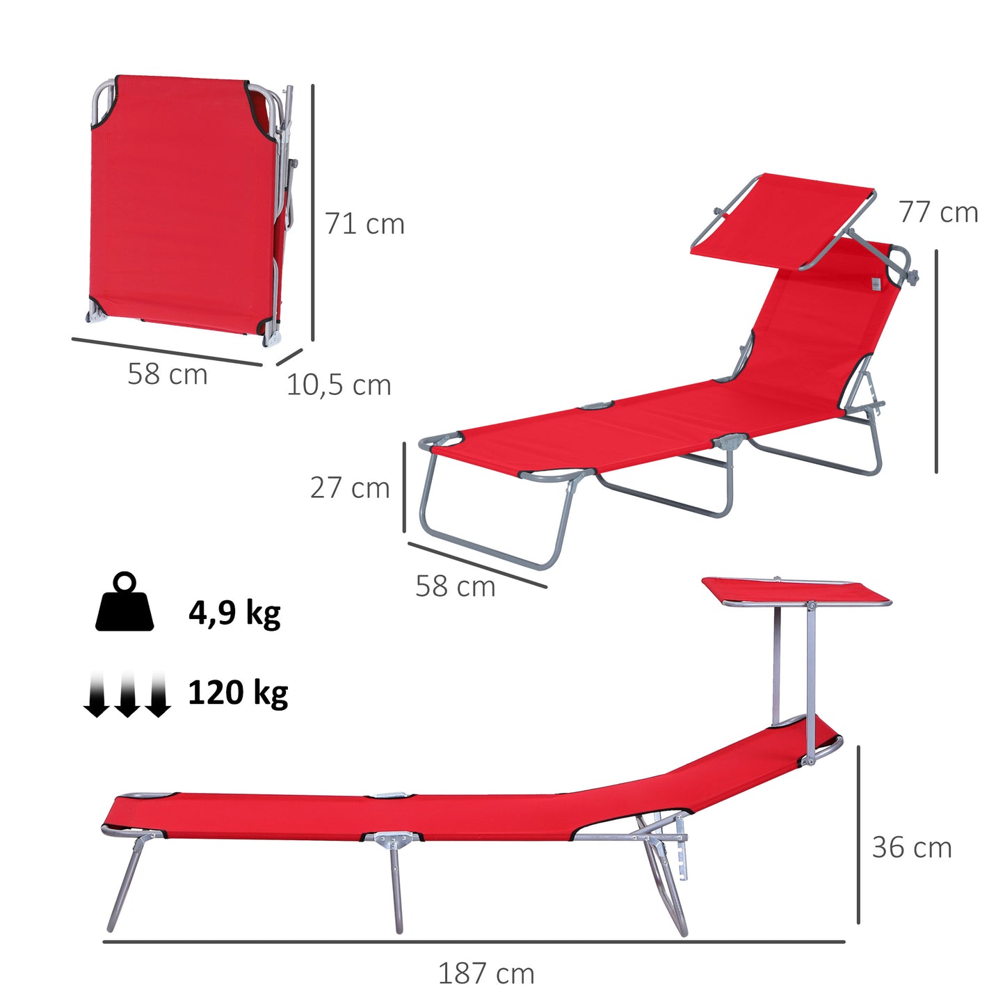 Outsunny Tumbona Plegable Con Toldo Desmontable Respaldo Ajustable Rojo_2