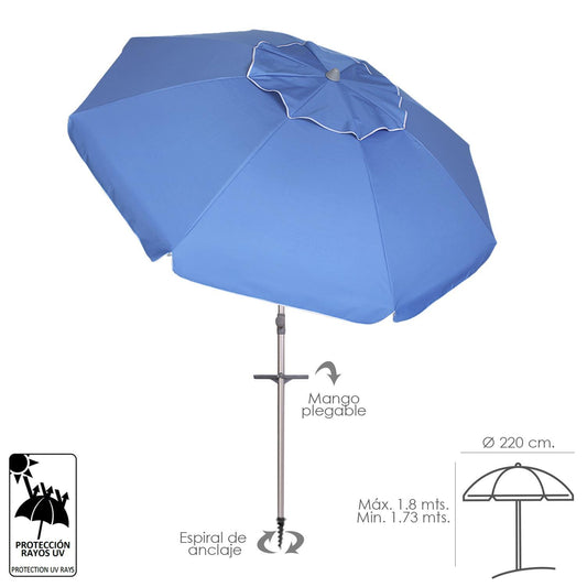 Sombrilla Playa Aluminio Extra Grande Ø 220 Cm. Con Protección Uv, Cuspide Anti Viento, Mastil Aluminio Con Mango Y Espiral_0