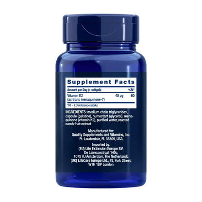 Low-Dose Vitamin K2 (MK-7) 45 mcg, Life Extension 90 perlas