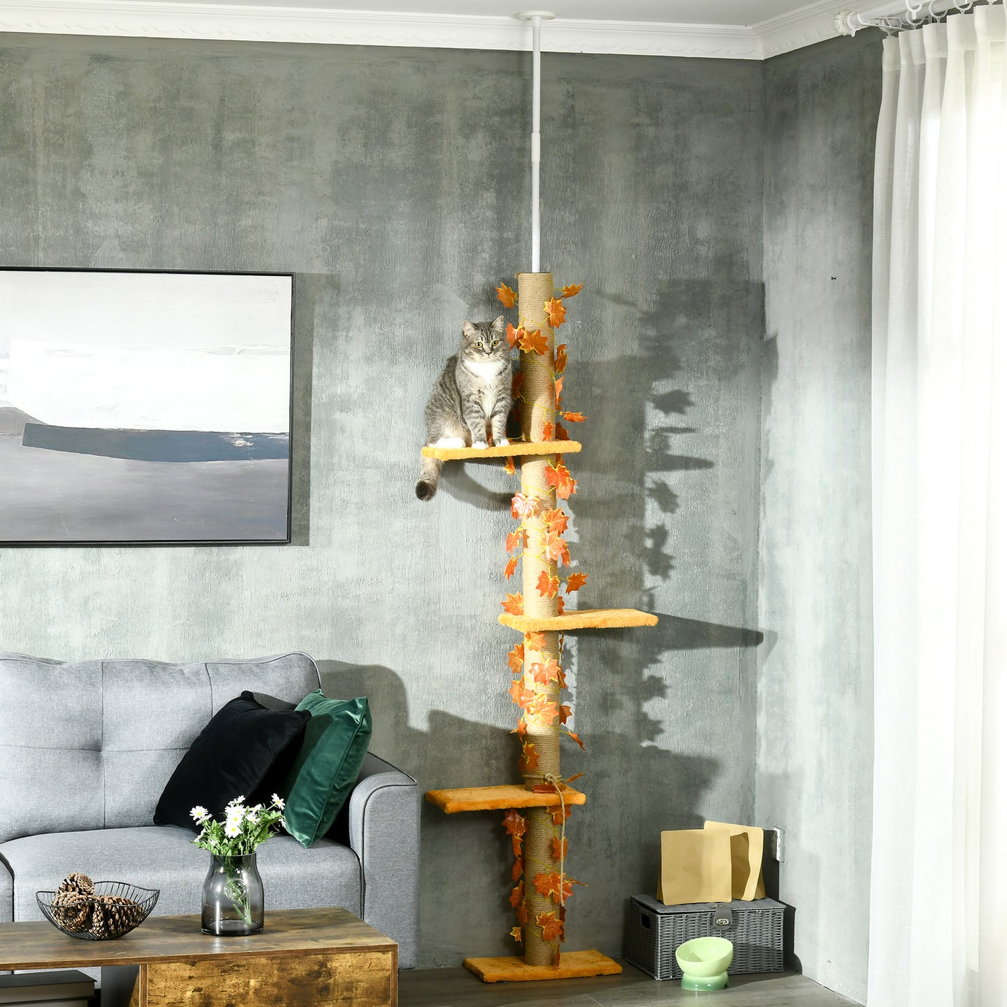 Pawhut Árbol Para Gatos De Suelo A Techo De 202-242 Cm Con 3 Plataformas Naranja_1