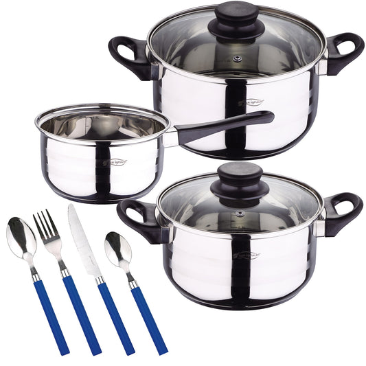 Bateria De Cocina 5 Piezas San Ignacio De Acero Inoxidable Con Cuberteria De 24 Piezas En Acero Inoxidable En Color Azul_0