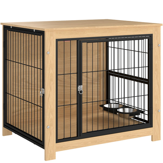 Pawhut Jaula Para Perros Mesa Auxiliar Con Soporte Giratorio Con 2 Tazones Roble_0