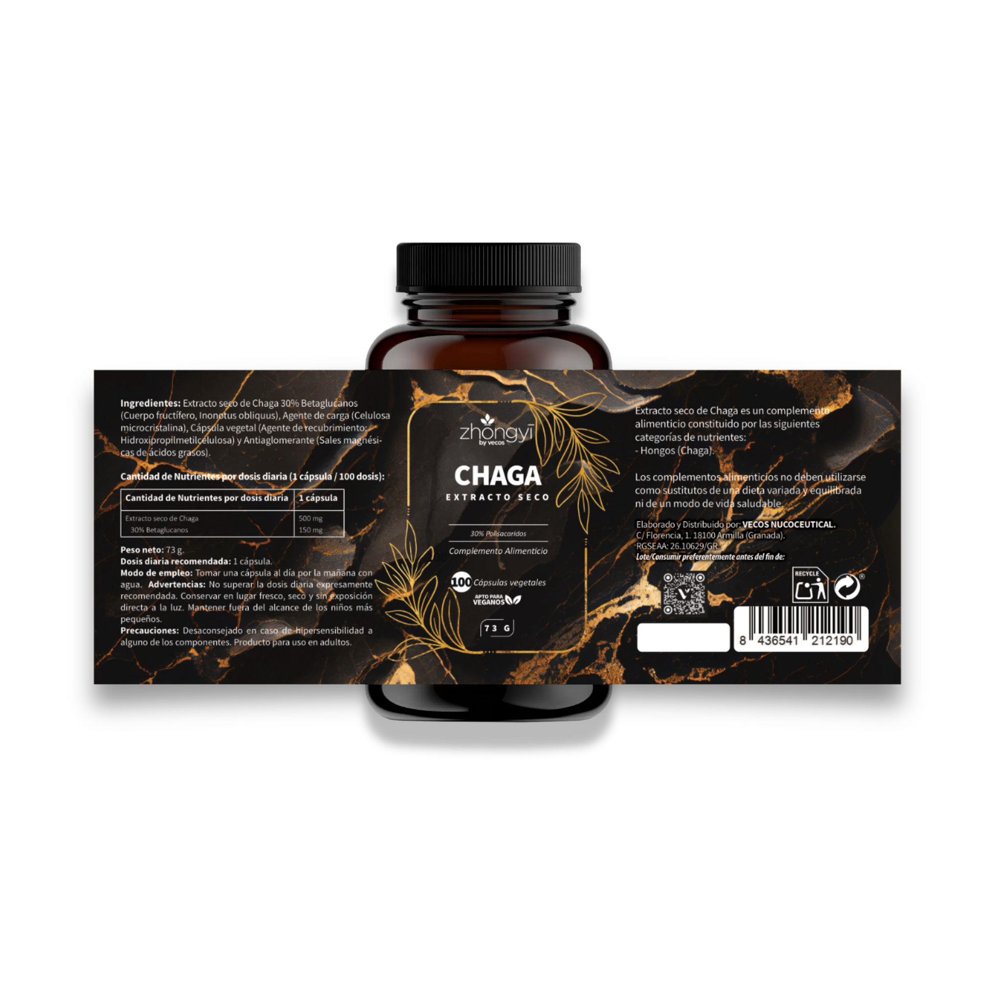 Chaga Zhongyi Vecos 100 Cápsulas | Antioxidante Y Defensa Celular | 500 Mg Con 30% Betaglucanos_4
