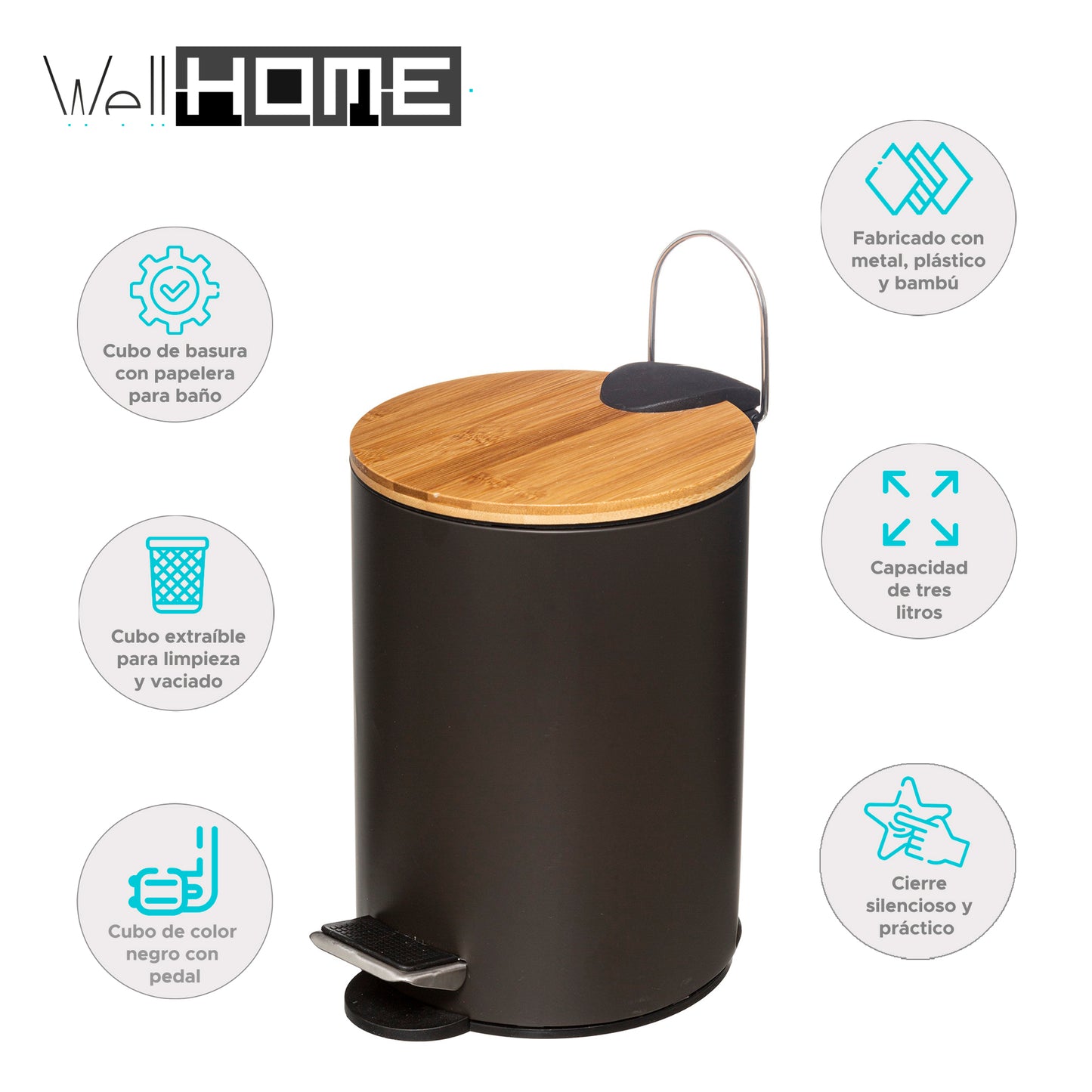 Wellhome Cubo Pedal 3l Tapa Bambú Moderno Negro
