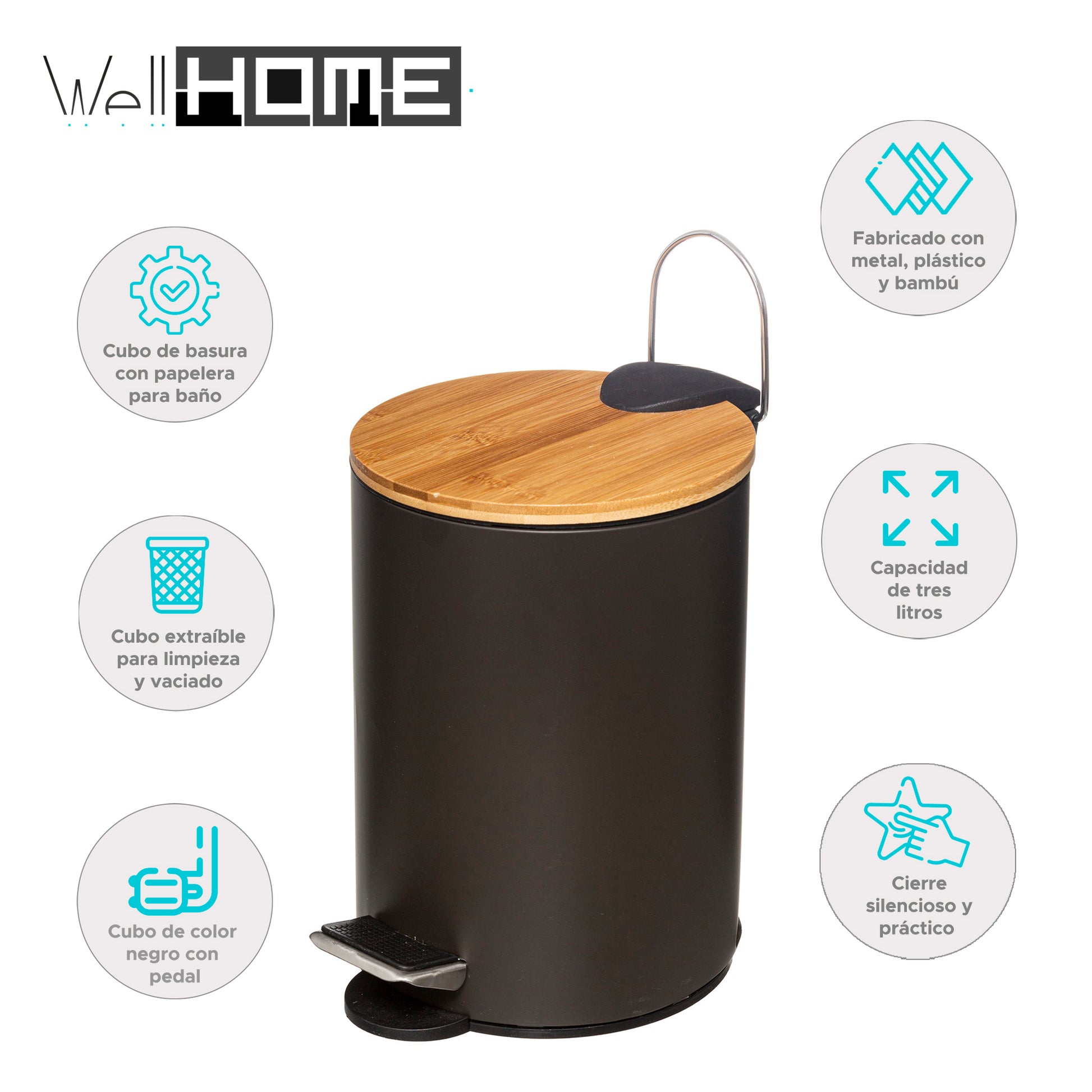 Wellhome Cubo Pedal 3l Tapa Bambú Moderno Negro