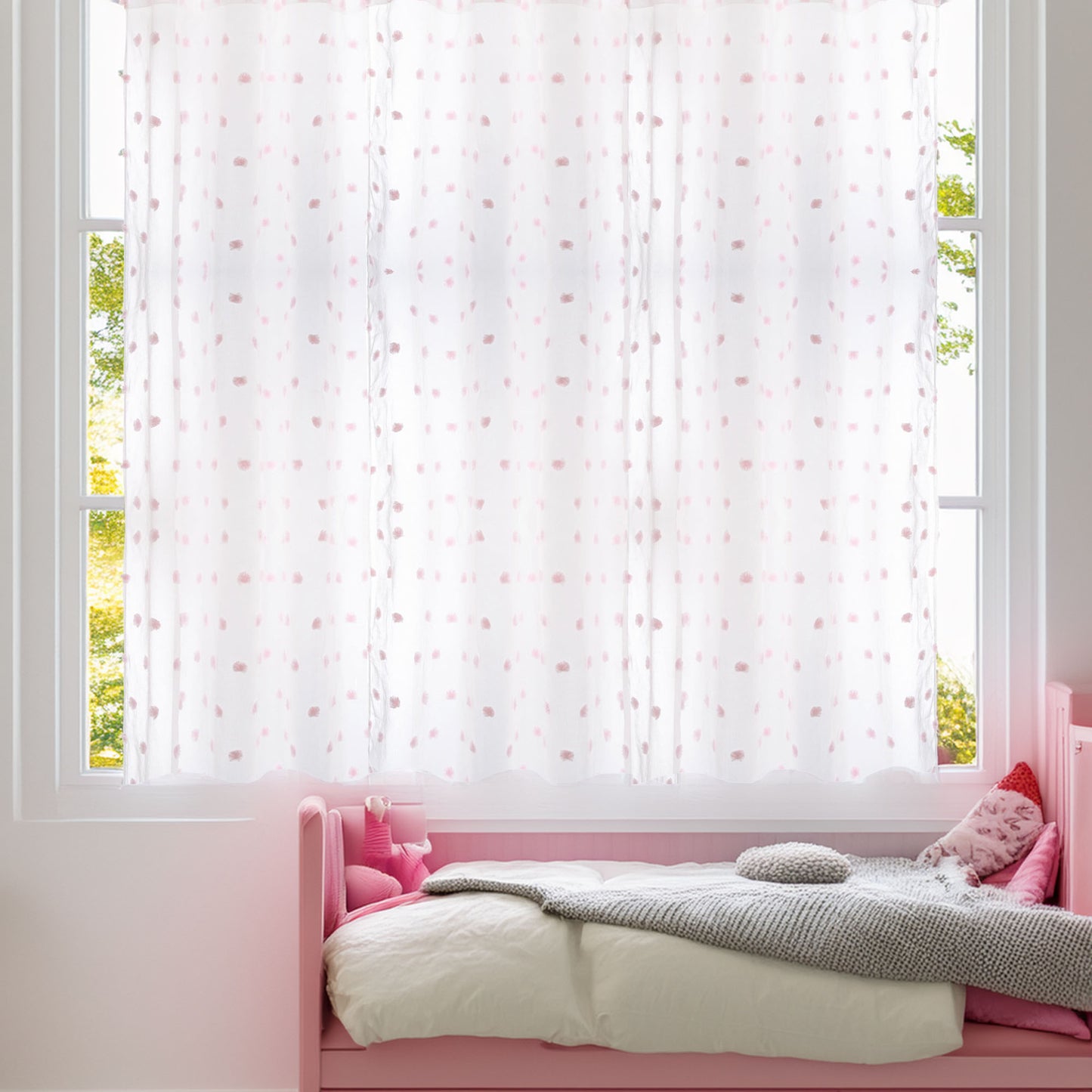 Wellhome Cortina Infantil Pompones Blanca Y Rosa_3