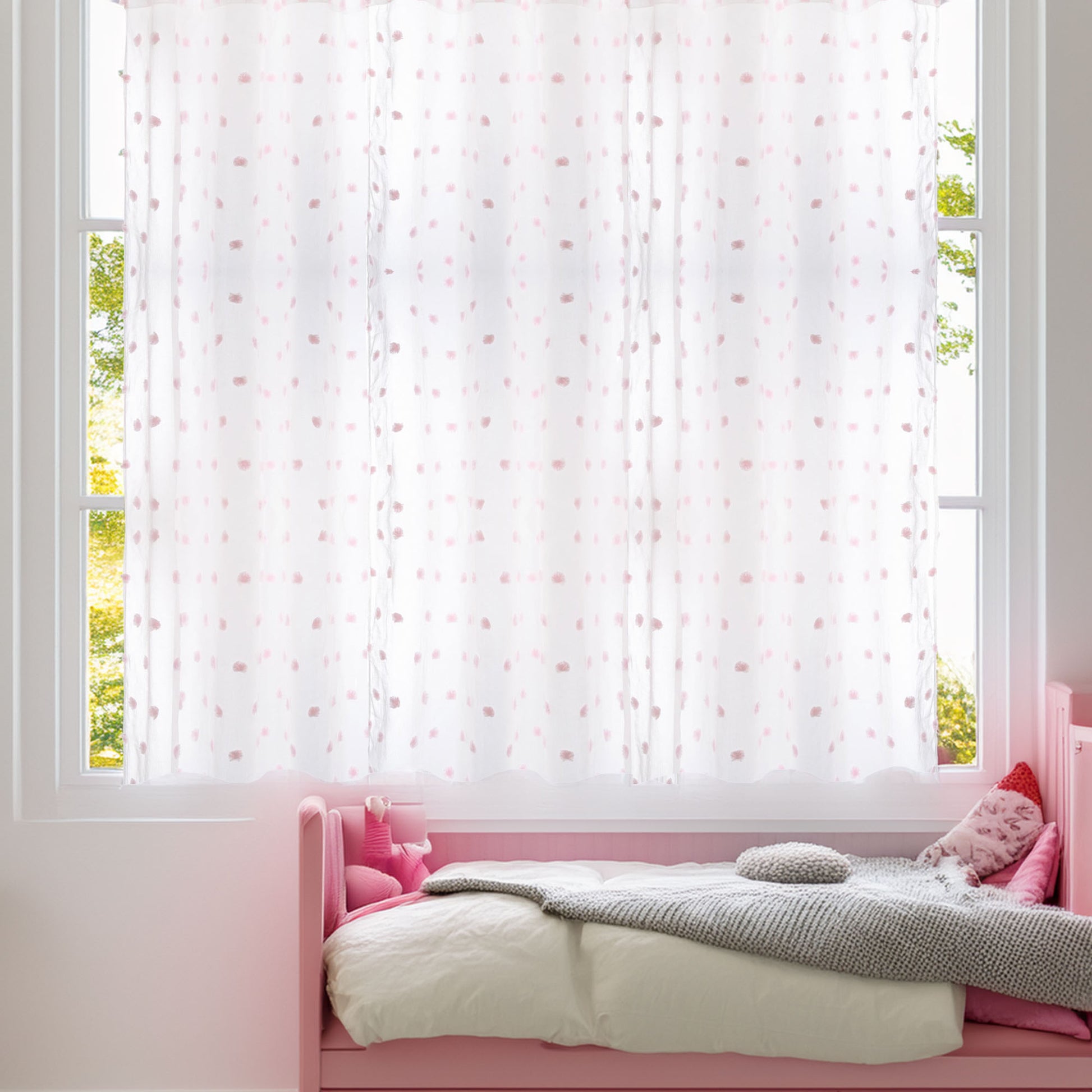 Wellhome Cortina Infantil Pompones Blanca Y Rosa