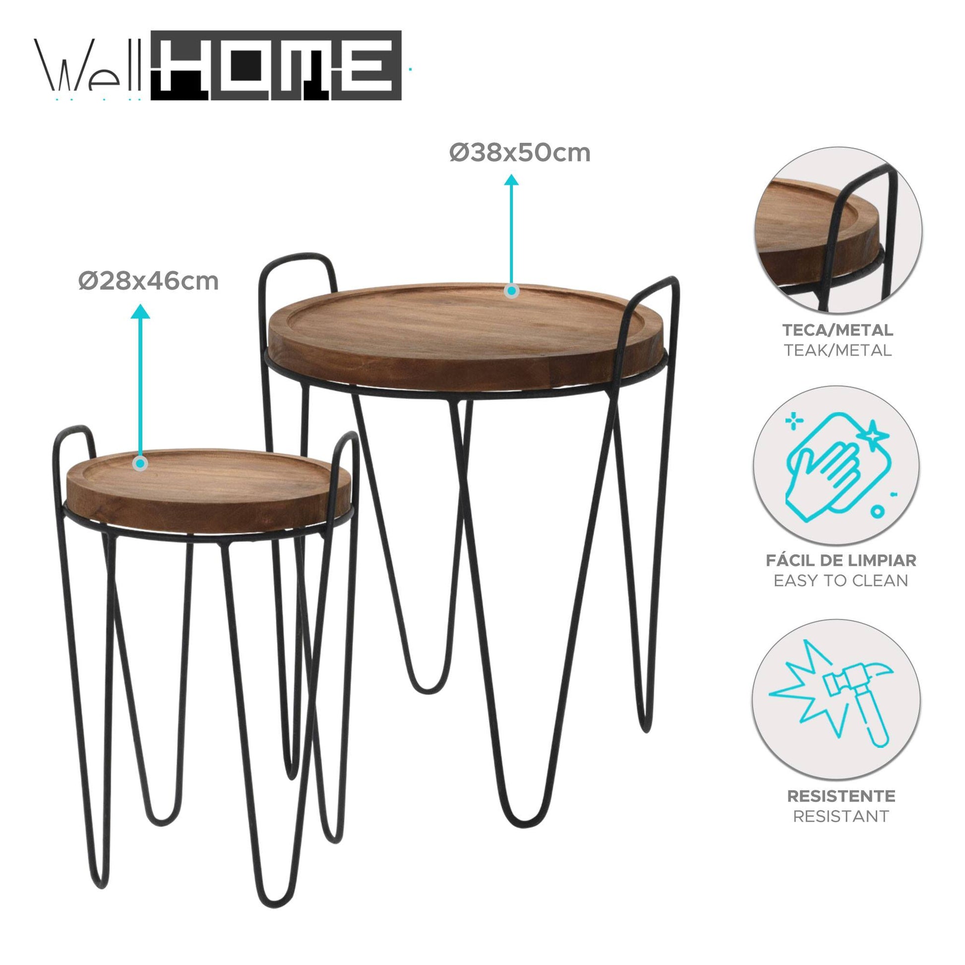 Well Home Juego De 2 Mesas Centro Color Natural Ø28ø38cm