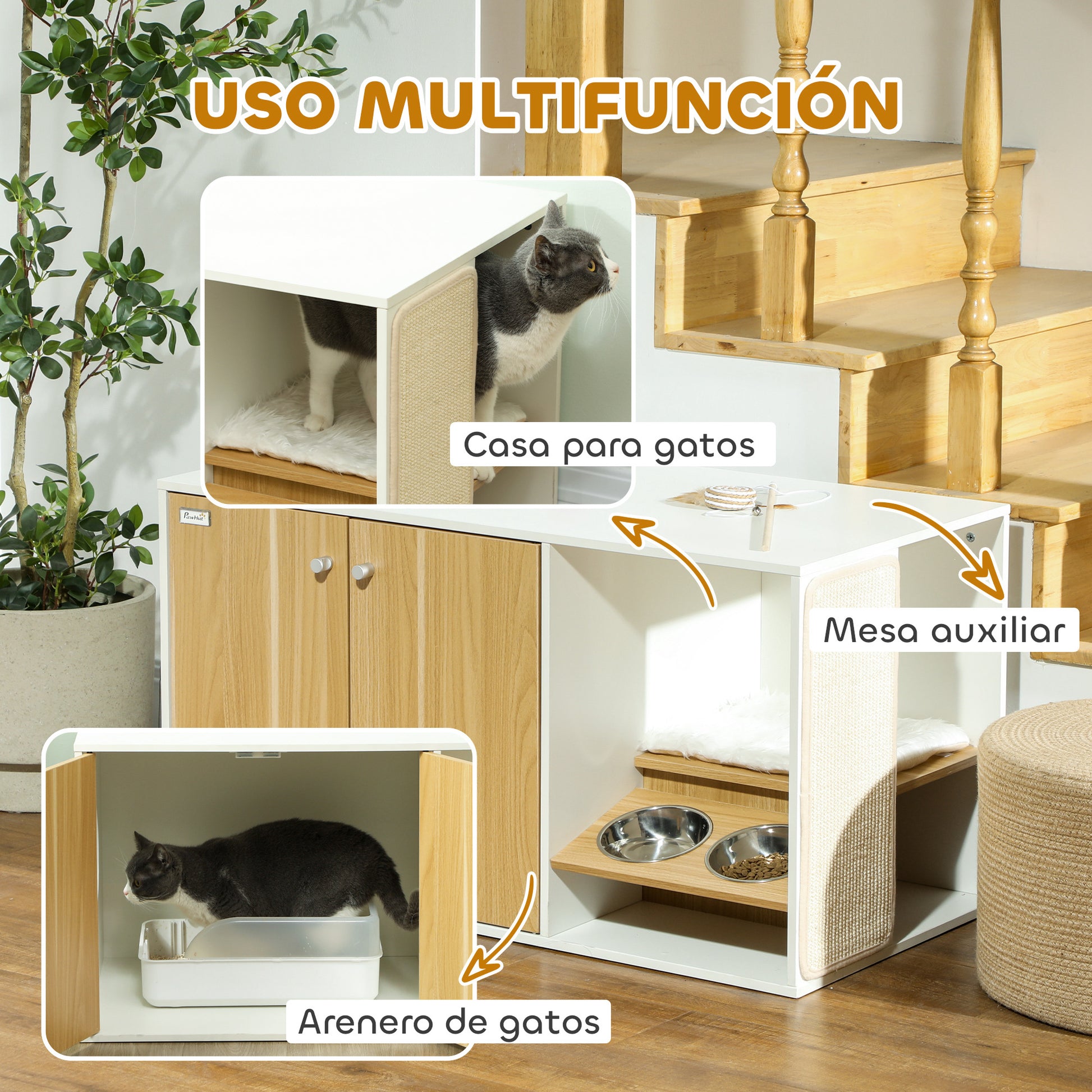 Pawhut Mueble Arenero Para Gatos 3 En 1 Con Puertas Estera Para Rascar Blanco_3
