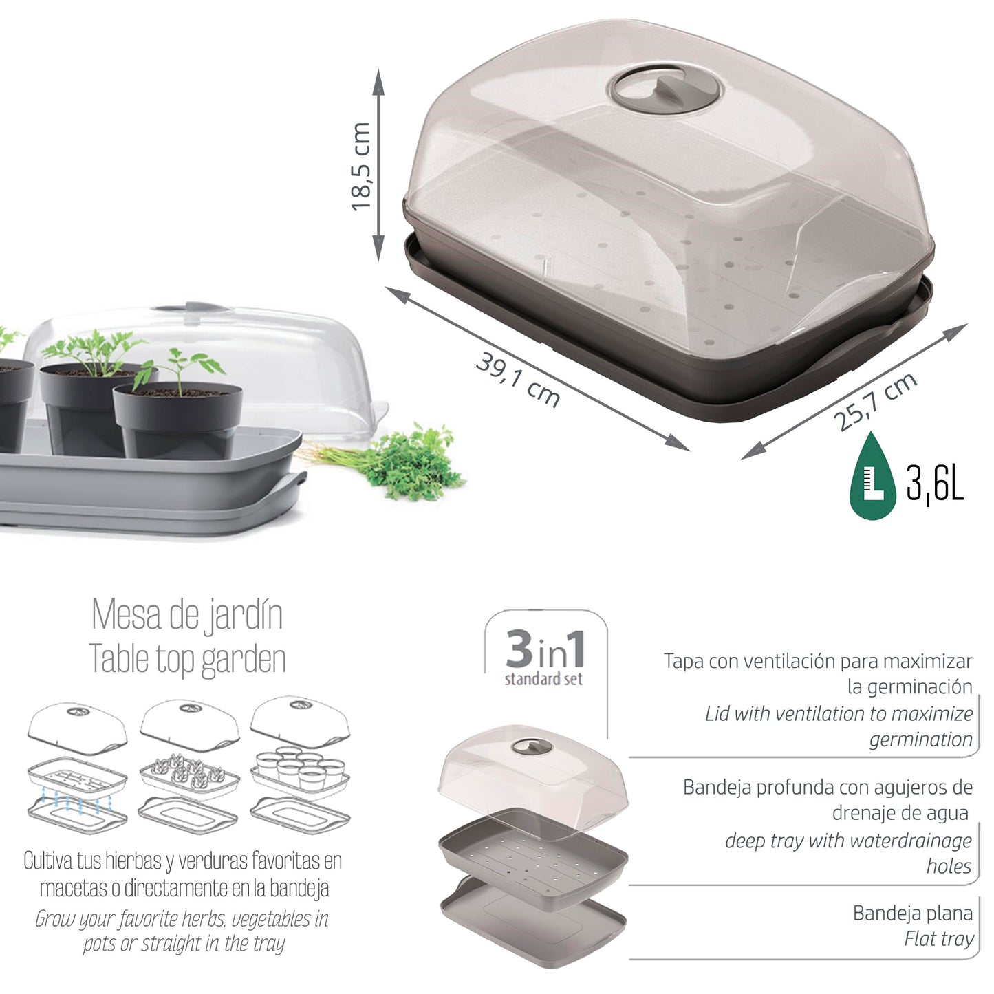 Semillero/bandeja Multiusos Con Tapa De Policarbonato Respana Table Greenhouse 3,6l., Dimensiones (mm) 391x257x185, Color Antracita