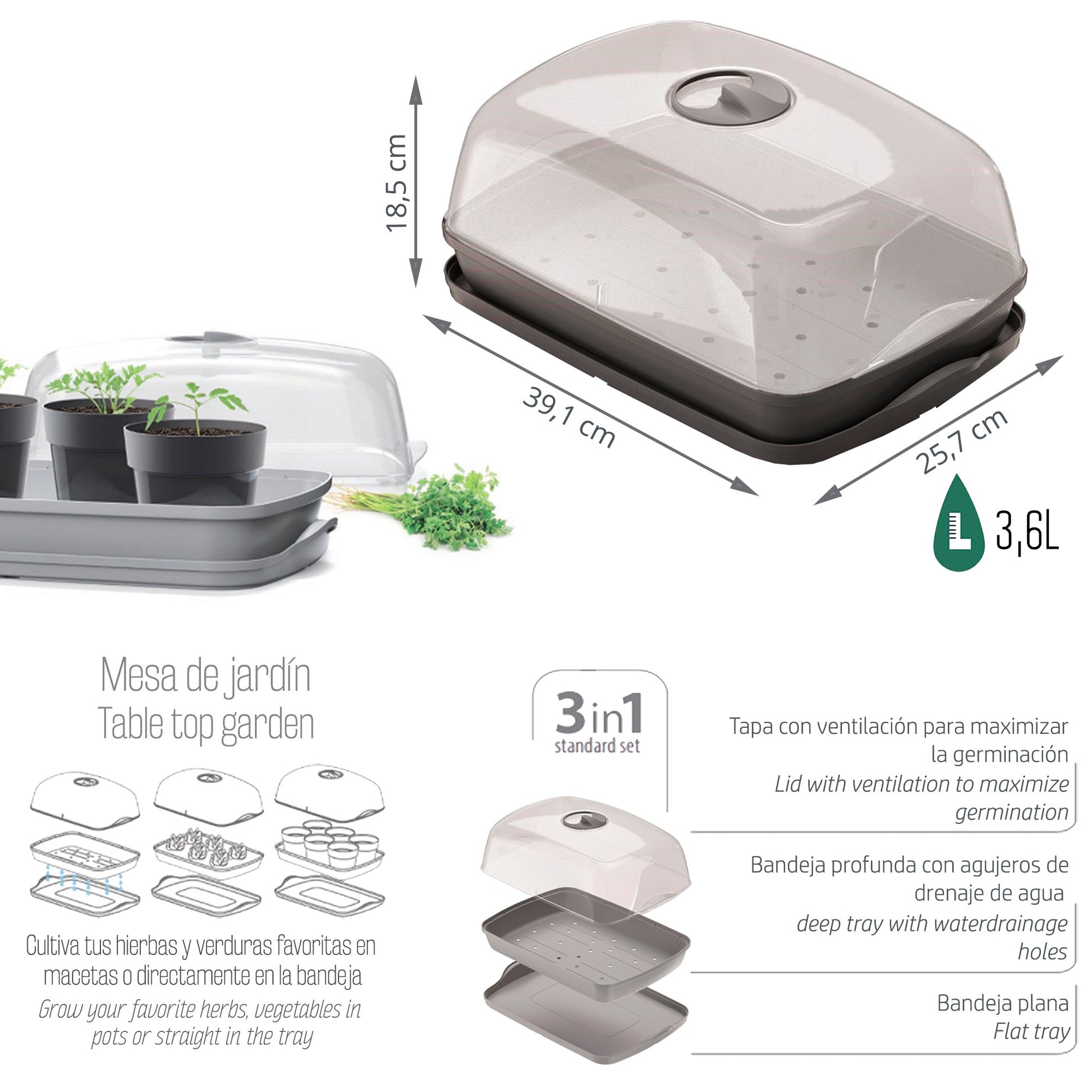 Semillero/bandeja Multiusos Con Tapa De Policarbonato Respana Table Greenhouse 3,6l., Dimensiones (mm) 391x257x185, Color Antracita