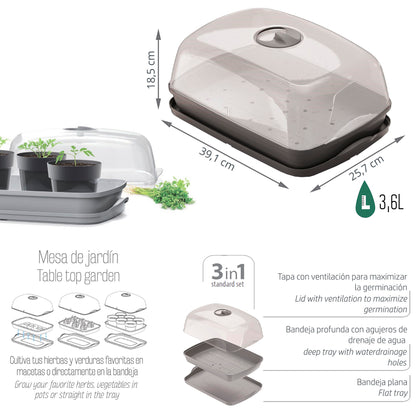 Semillero/bandeja Multiusos Con Tapa De Policarbonato Respana Table Greenhouse 3,6l., Dimensiones (mm) 391x257x185, Color Antracita
