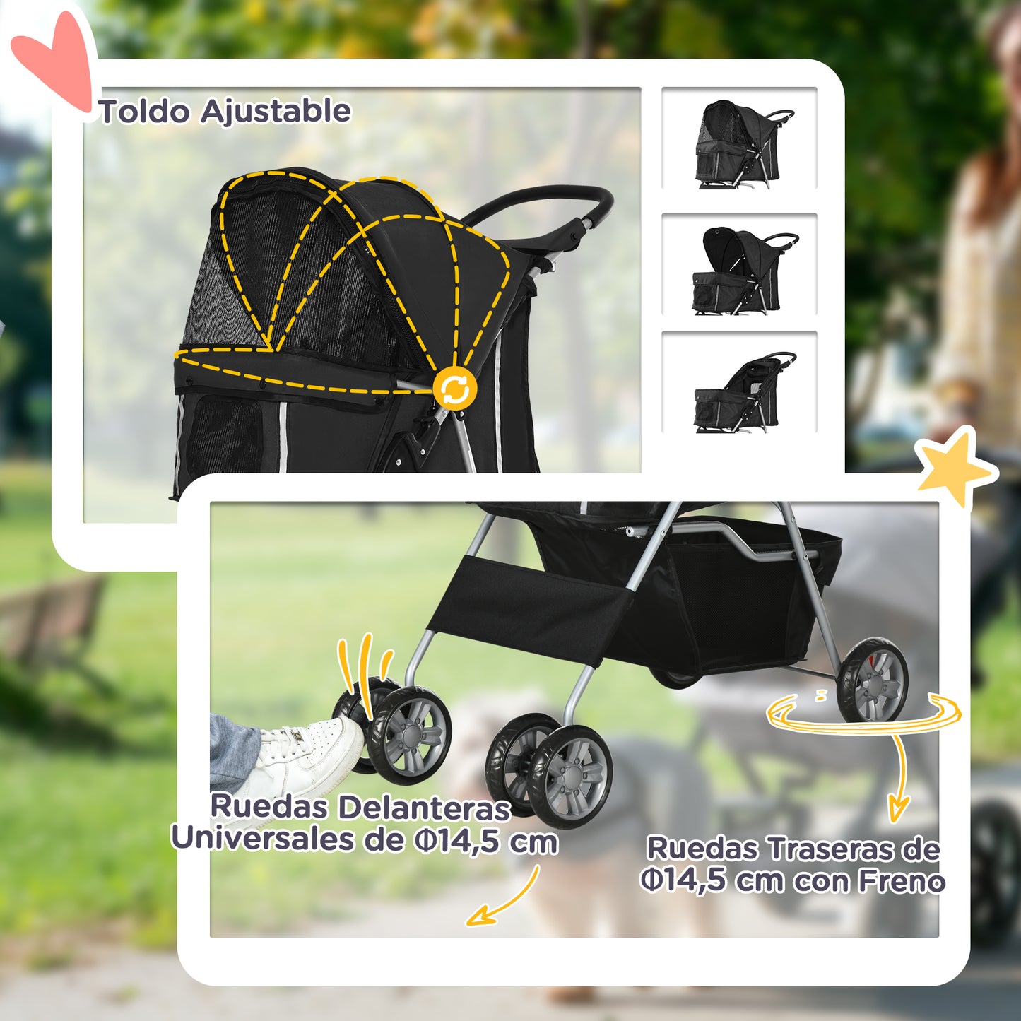 Pawhut Carrito Para Perros Plegable Con Toldo Ajustable 75x45x97 Cm Negro_5
