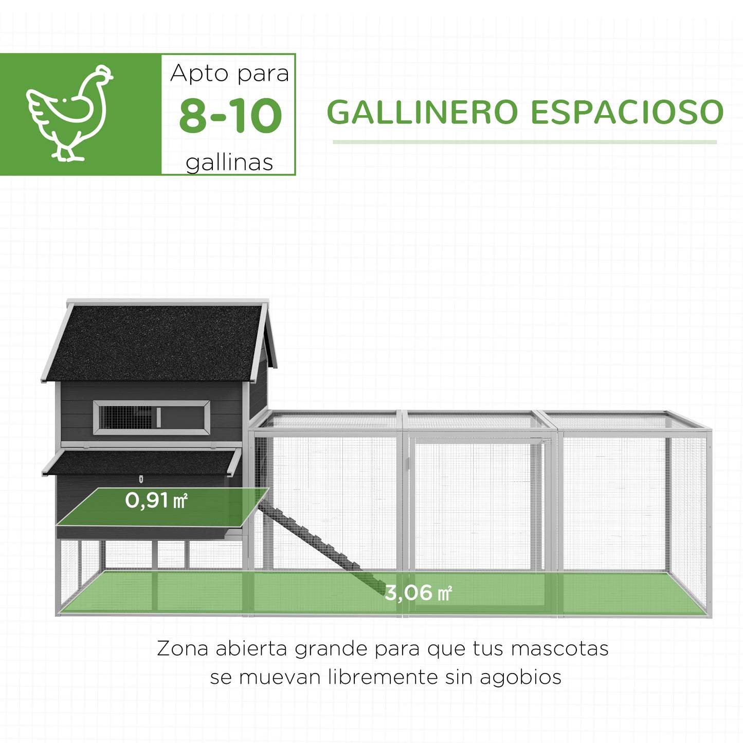 Pawhut Gallinero Para Exterior Con 2 Nidos Techo Asfáltico 347x160x150 Cm Gris_3