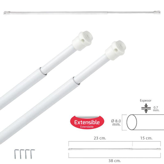 Barra Visillo Extensible 23/38 Cm. Con Muelle Presion, Soportes Y Ventosas (2 Piezas)