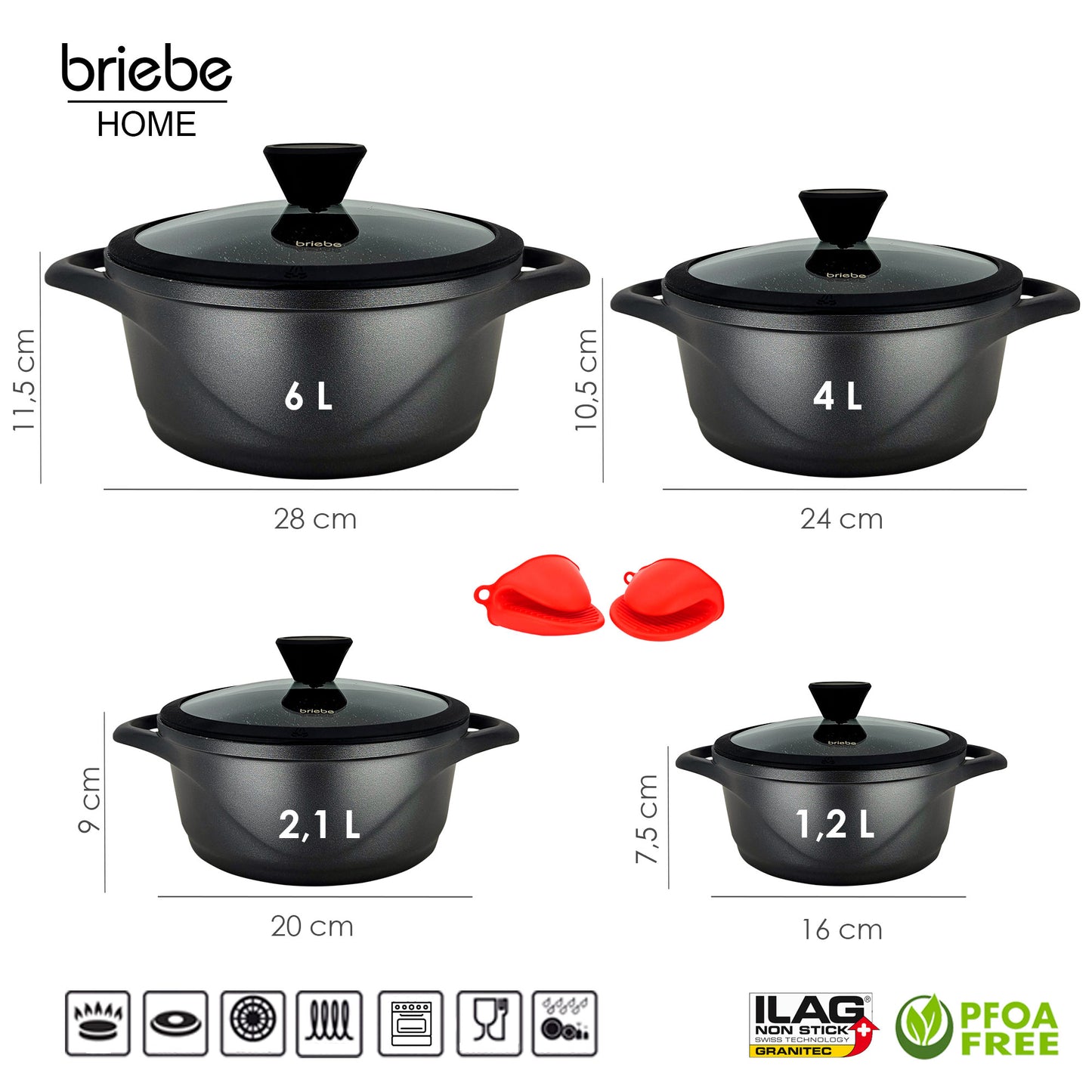 Batería De Cocina Inducción 8 Piezas Aluminio Fundido 4 Ollas Con Tapa De Cristal Antiadherente, Briebe, Mgk12s, Negro