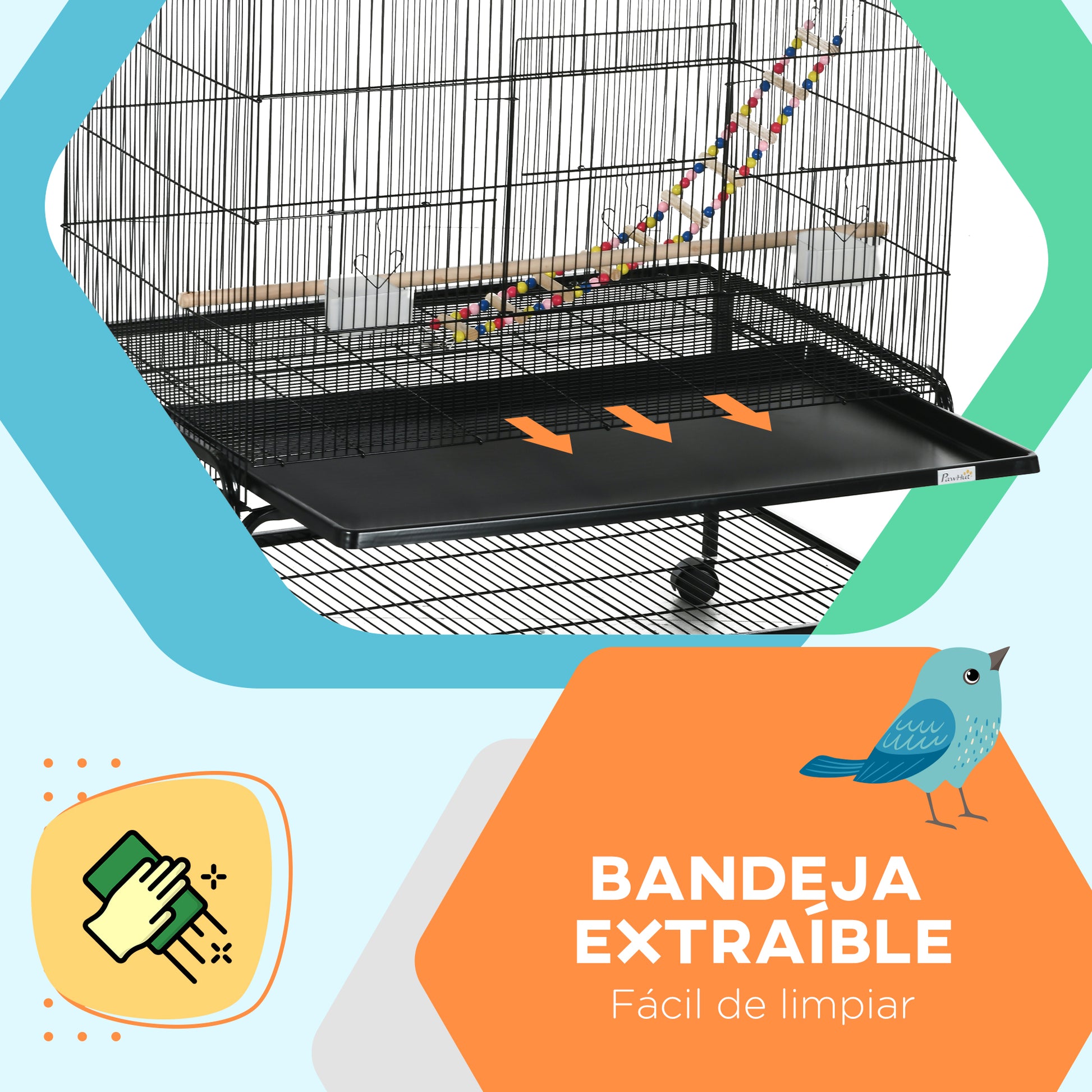 Pawhut Jaula Para Pájaros Con Ruedas Estante Y Comederos 97x58x160 Cm Negro_5