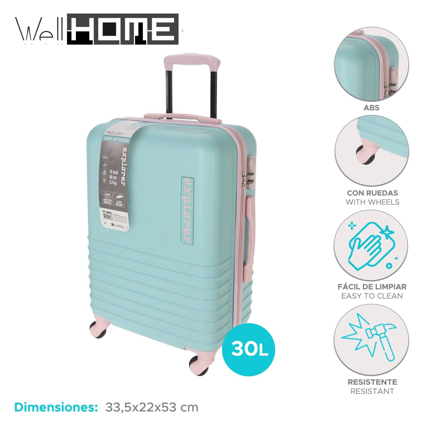 Well Home Maleta En Abs 4 Ruedas Color Menta Y Rosa 33,5x22x53cm