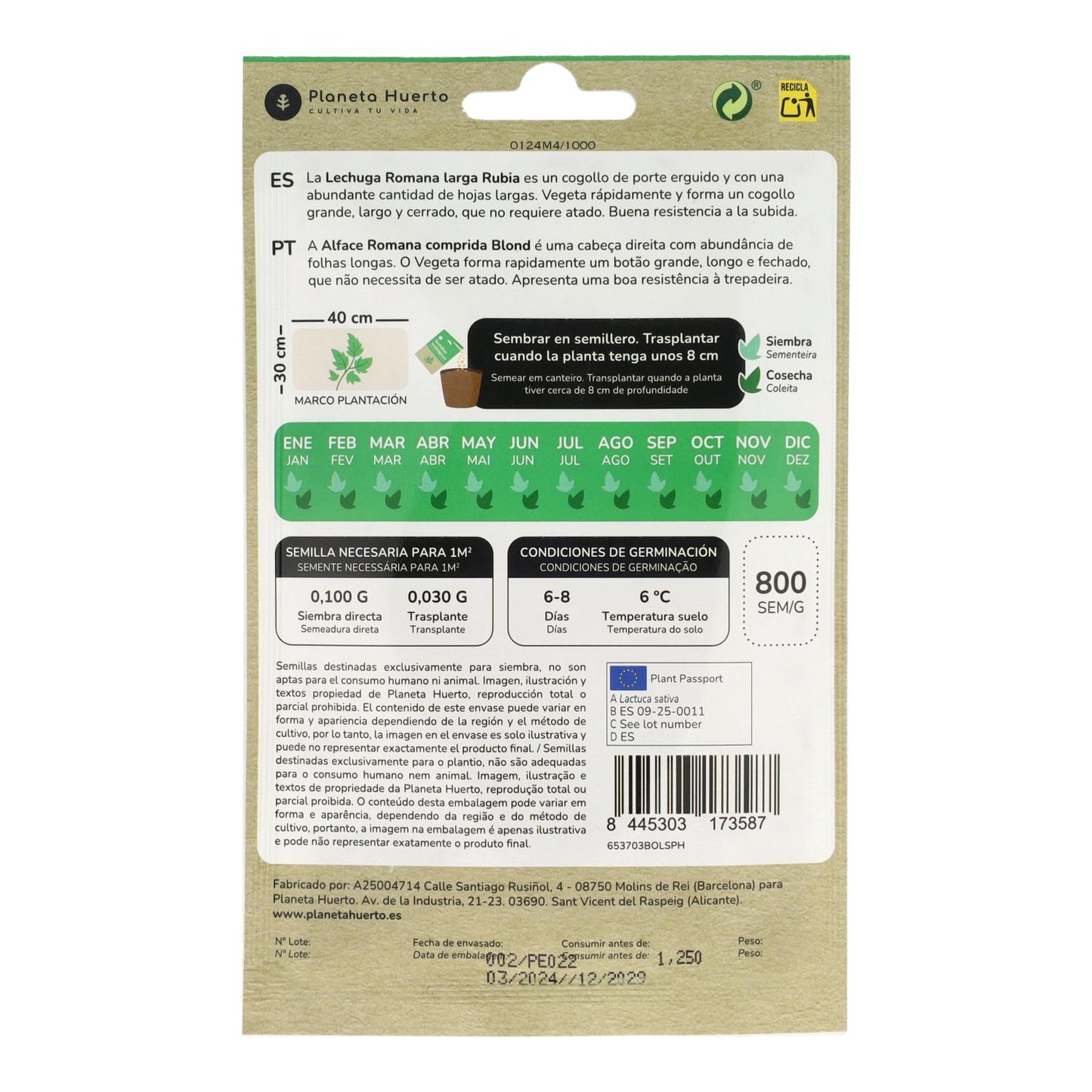 Semillas de Lechuga Romana ecológicas Planeta Huerto
