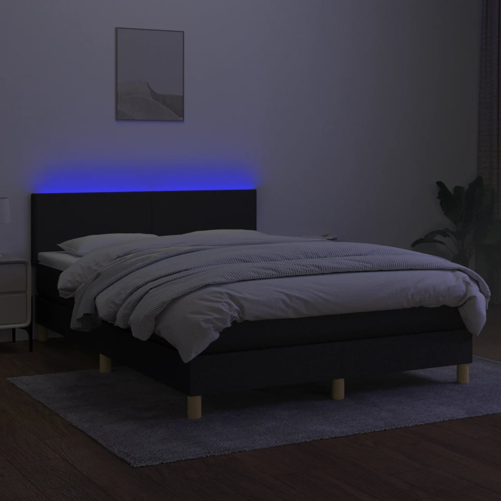 Cama Box Spring Colchón Y Luces Led Tela Negro 140x200 Cm / Vetonek_2