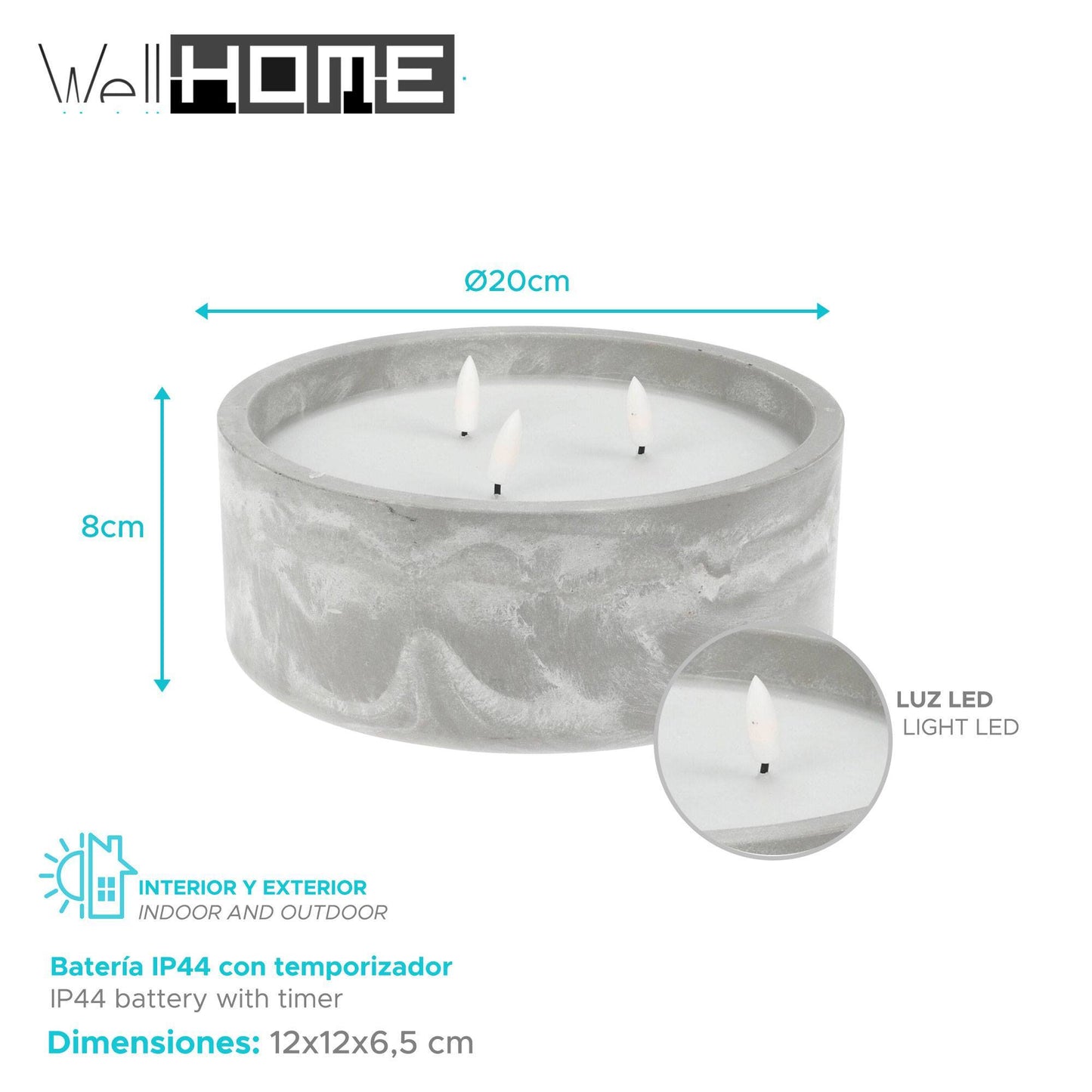 Well Home - Pack 3 Velas Led Redondada Gris Marmolado