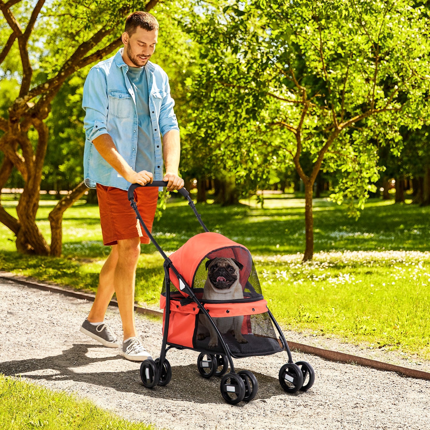Pawhut Carrito Para Perros Plegable Con Ventanas De Malla Cojín Lavable Rojo_1