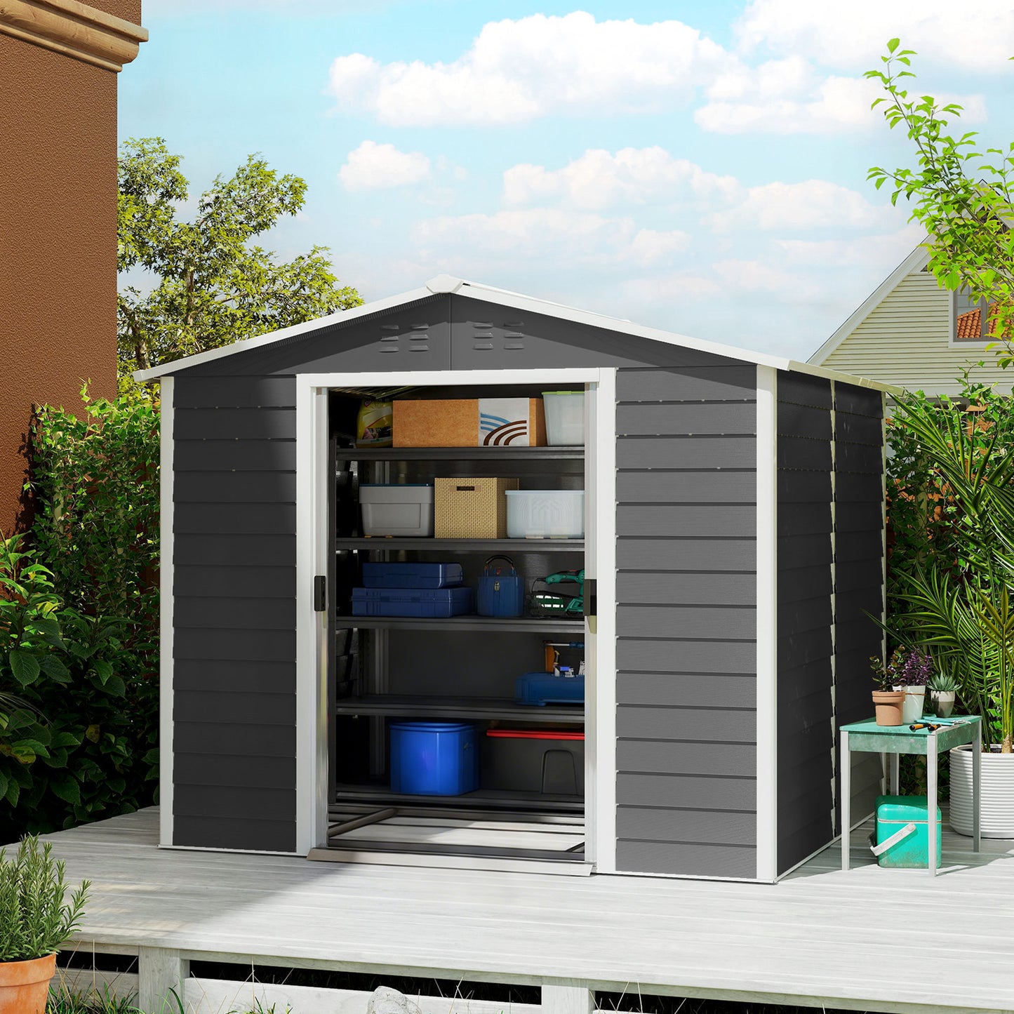 Outsunny Caseta De Jardín Exterior 4,4 M² 240x206x198 Cm Puerta Corredera Gris_1