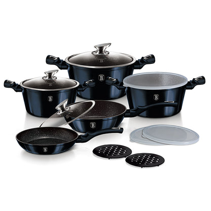 Batería Cocina Inducción 13 Piezas, Antiadherente Sin Pfoa, Aluminio, Cazuelas Sartenes Tapas Berlinger Haus Aquamarine Azul Marino