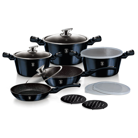 Batería Cocina Inducción 13 Piezas, Antiadherente Sin Pfoa, Aluminio, Cazuelas Sartenes Tapas Berlinger Haus Aquamarine Azul Marino