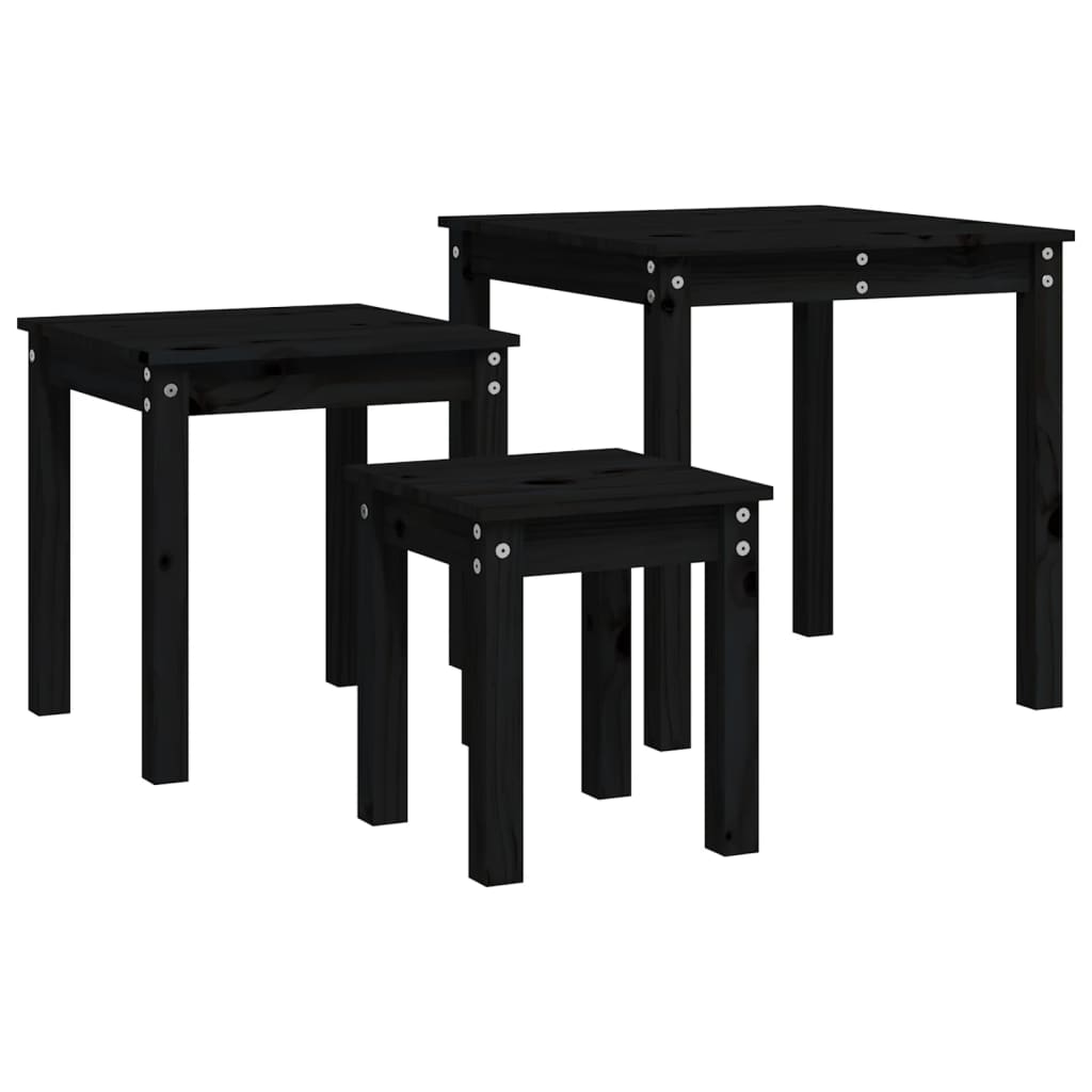 Mesas Apilables 3 Piezas Madera Maciza De Pino Negro_4