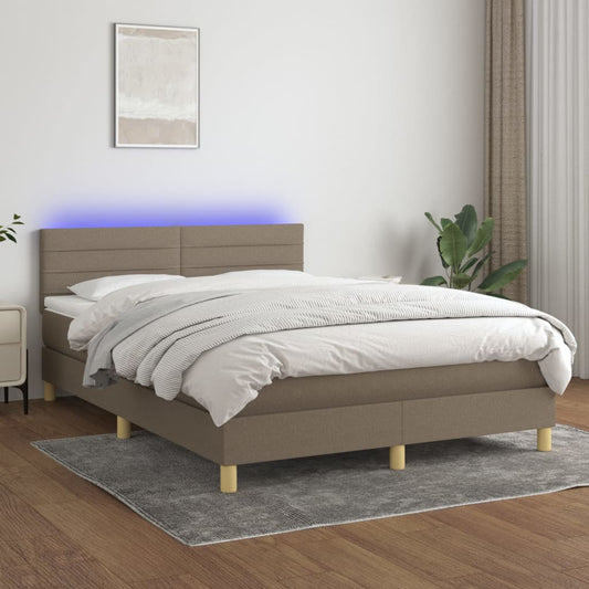 Cama Box Spring Colchón Y Luces Led Tela Gris Taupe 140x190 Cm / Vetonek_0
