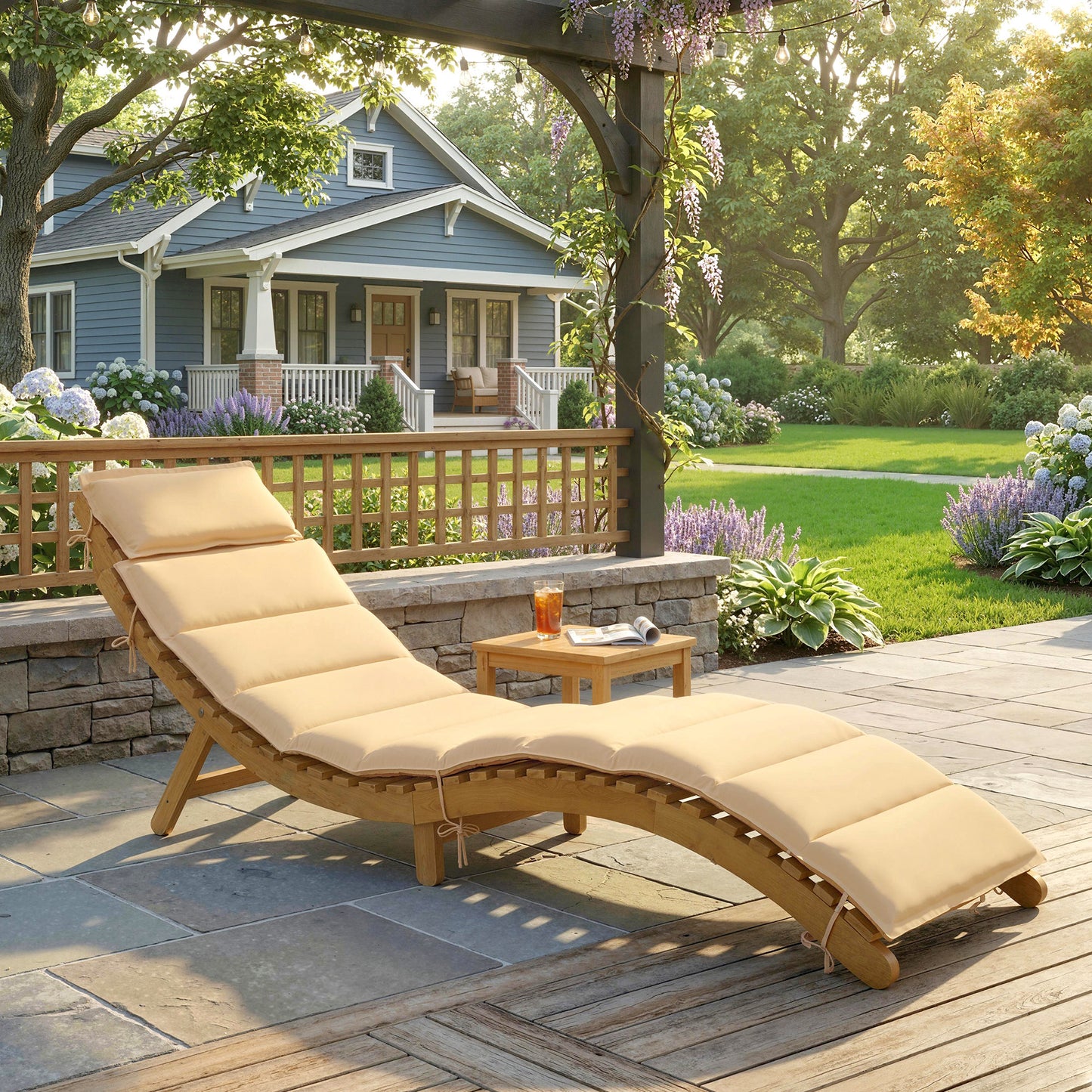 Outsunny Tumbona Plegable De Madera De Acacia Con Cojín Reposacabezas Beige_1