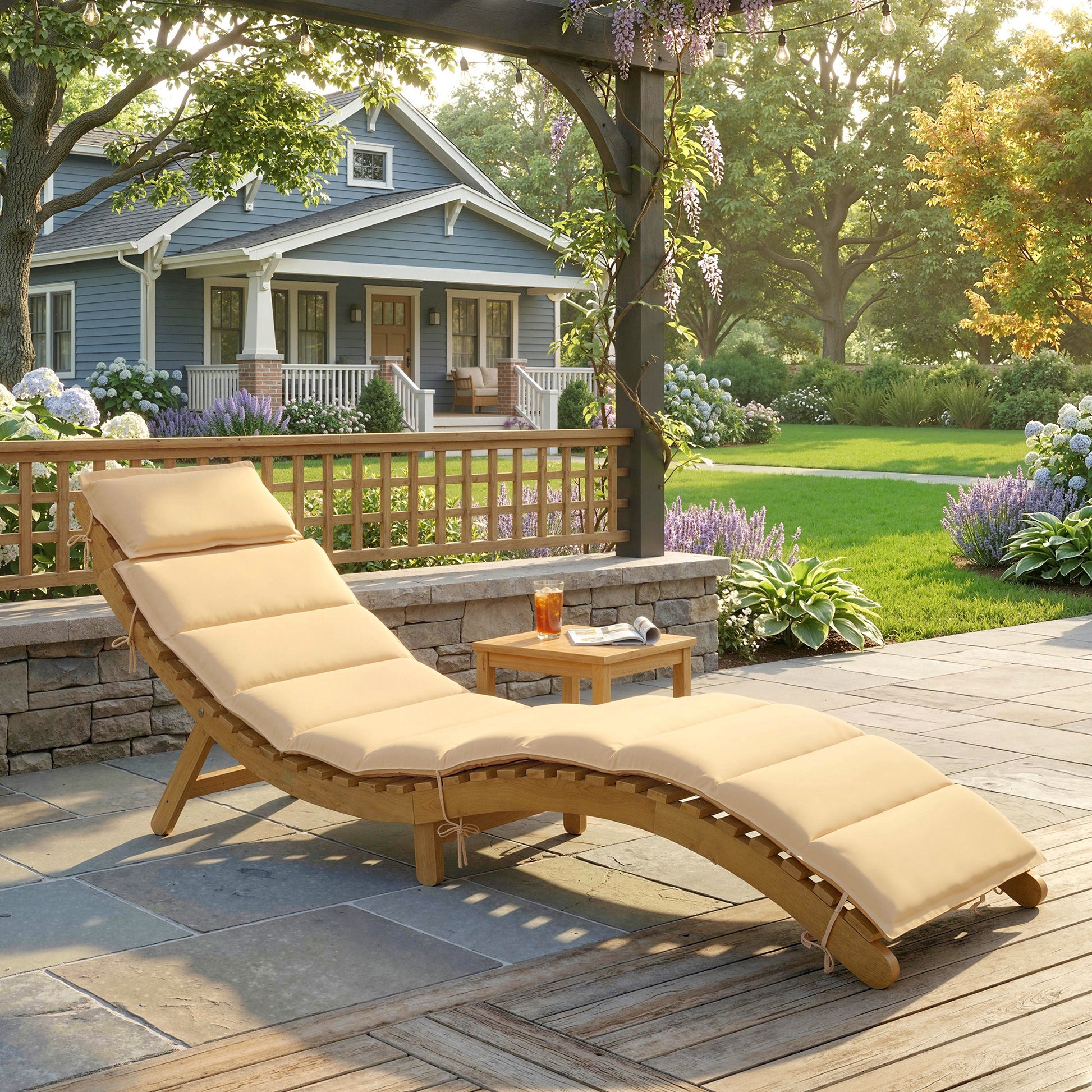 Outsunny Tumbona Plegable De Madera De Acacia Con Cojín Reposacabezas Beige_1
