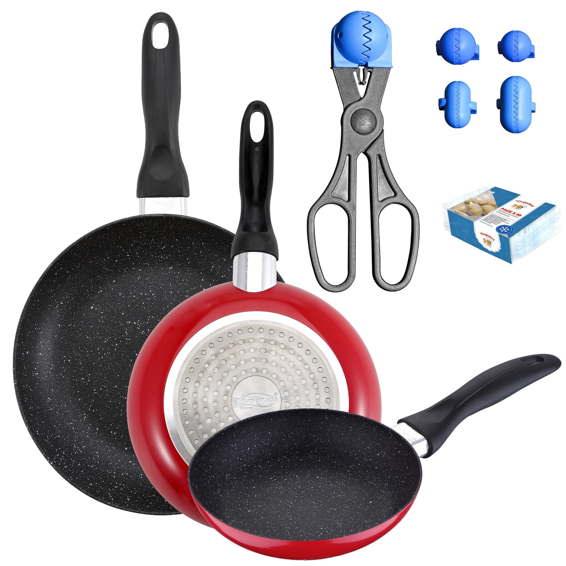 Pack De 3 Sartenes San Ignacio  Ø16cm Ø20cm Ø24cm + Utensilio Multiusos Con 4 Moldes Intercambiables + 20 Bandejas De Conservación_0