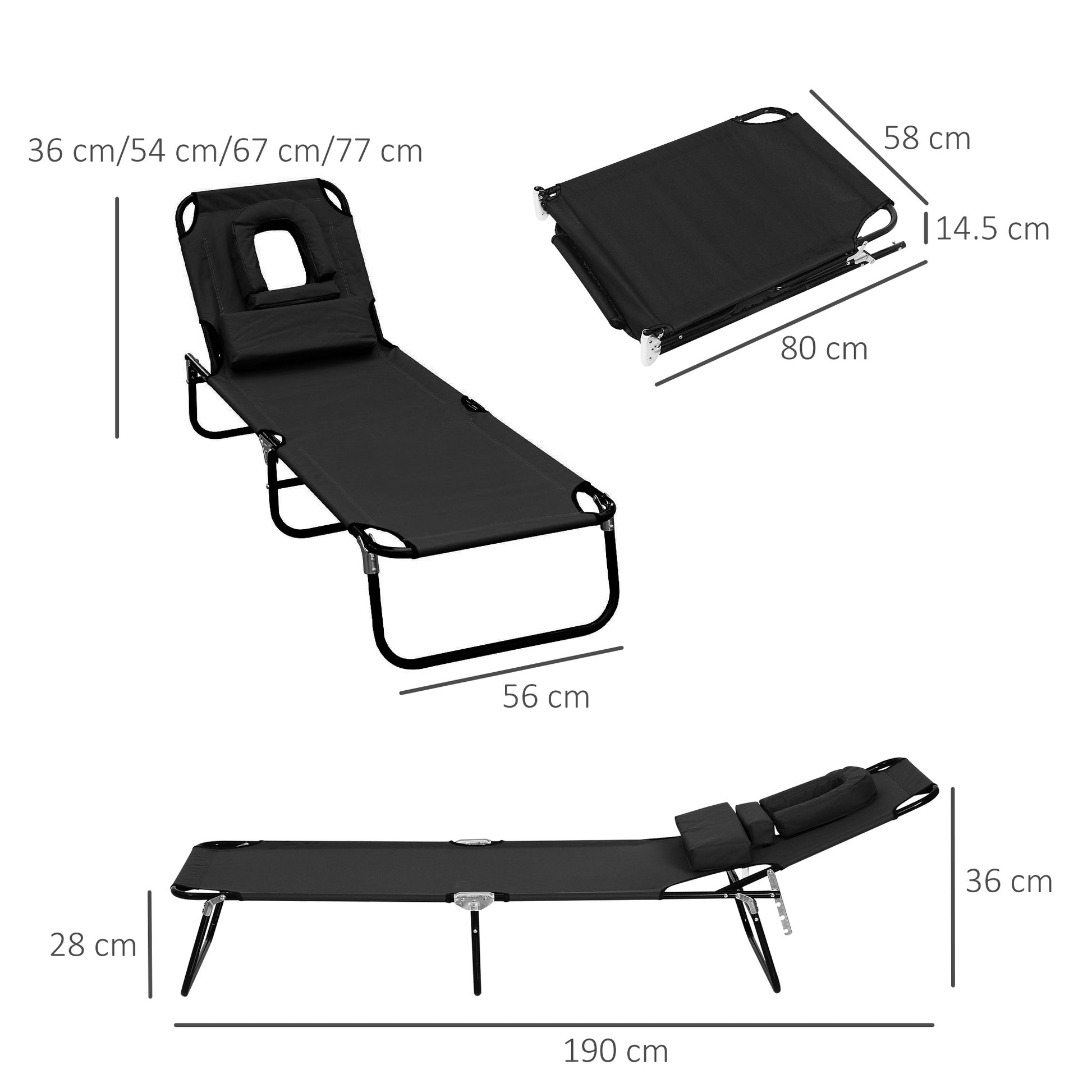 Outsunny Tumbona Plegable Con Respaldo Ajustable 190x56x28 Cm Negro_2