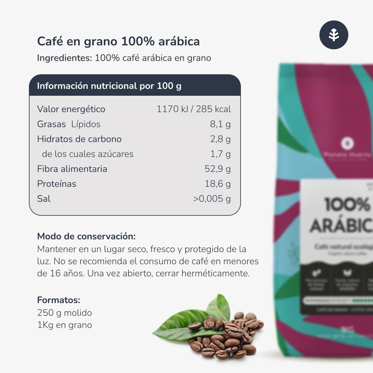 Pack 6x Café en grano Eco 100% Arábica Planeta Huerto 1 Kg