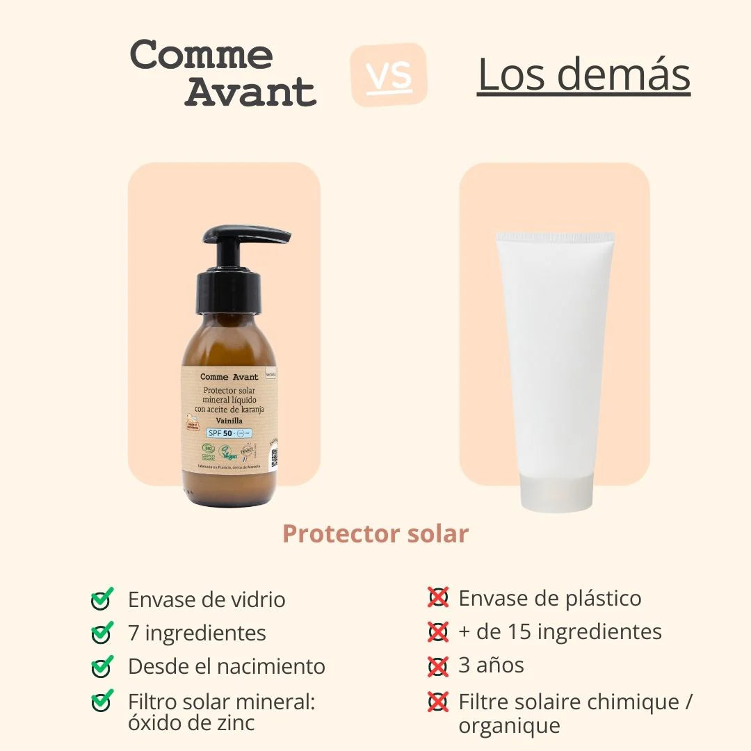 Protector solar mineral líquido SPF50 con aceite de karanja Vainilla Comme Avant 105 ml