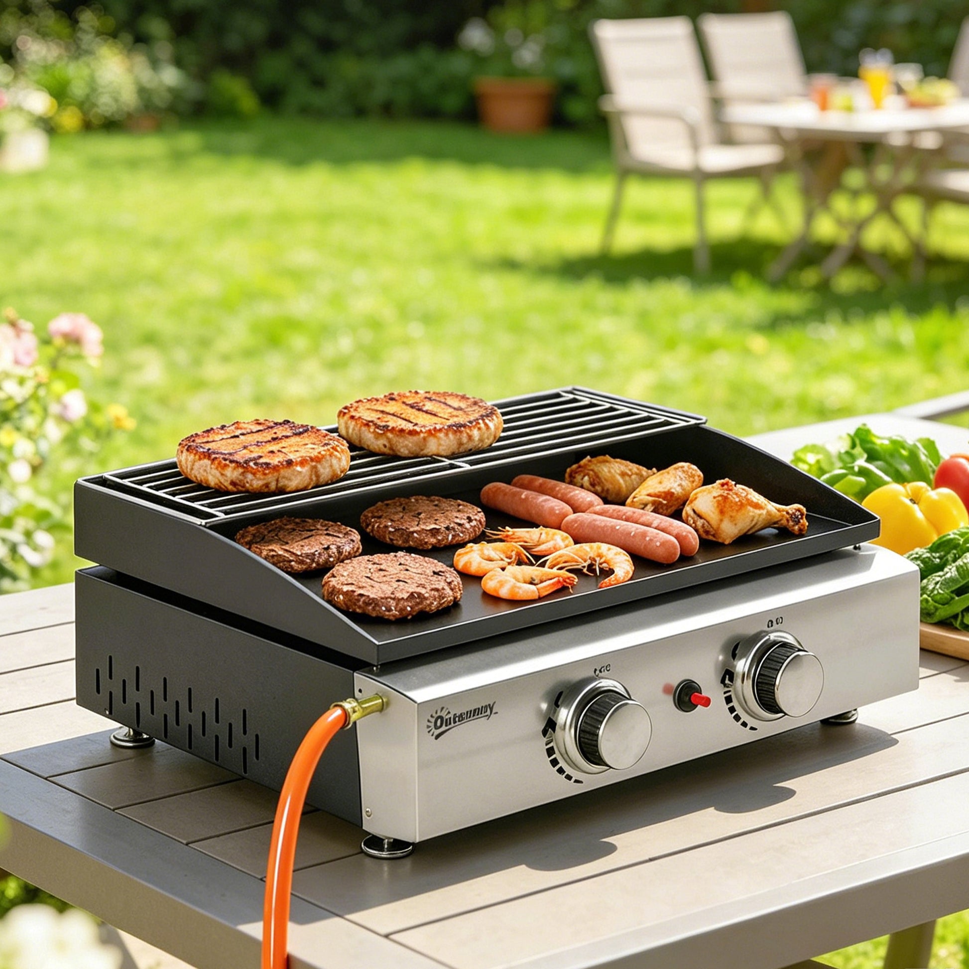 Outsunny Barbacoa De Gas Con 2 Quemadores 5 Kw Plancha Rejilla Calentadora_3
