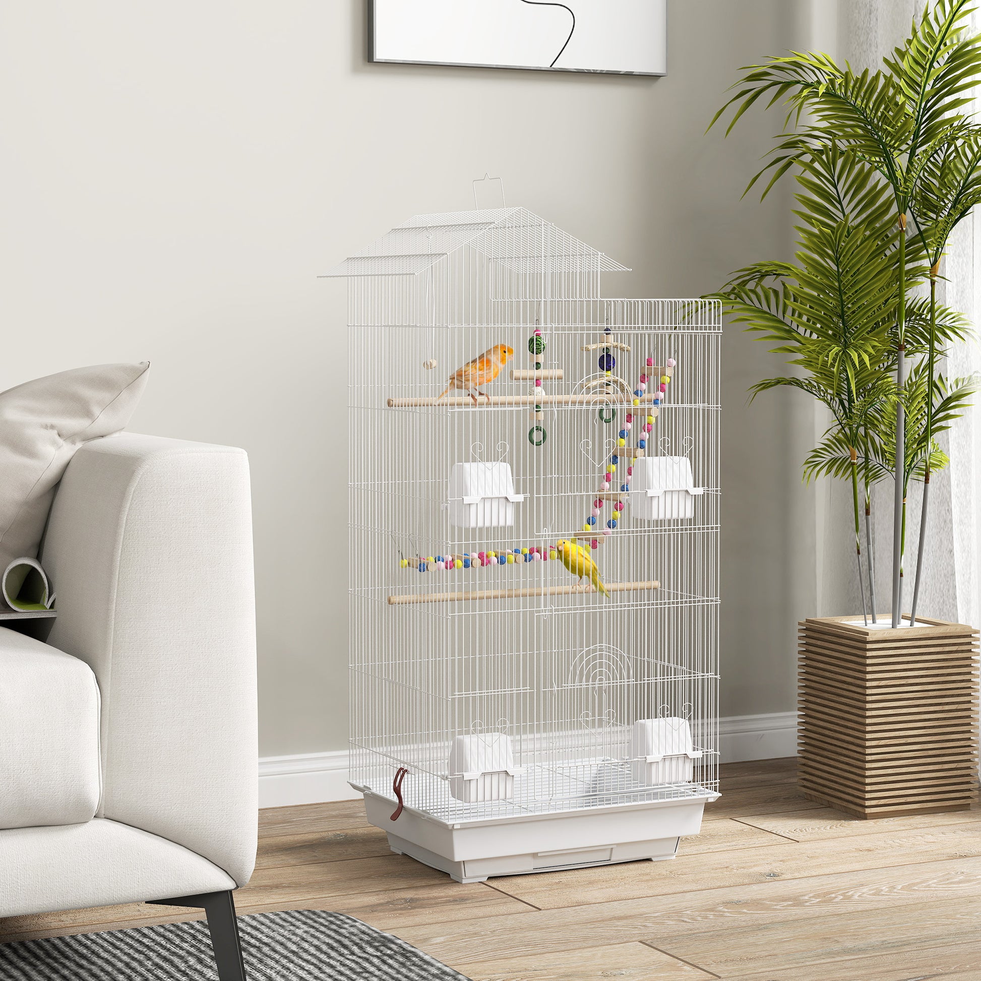Pawhut Jaula Para Pájaros Con Puertas 4 Comederos Columpio 46x36x100 Cm Blanco_1