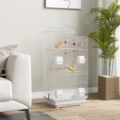 Pawhut Jaula Para Pájaros Con Puertas 4 Comederos Columpio 46x36x100 Cm Blanco_1